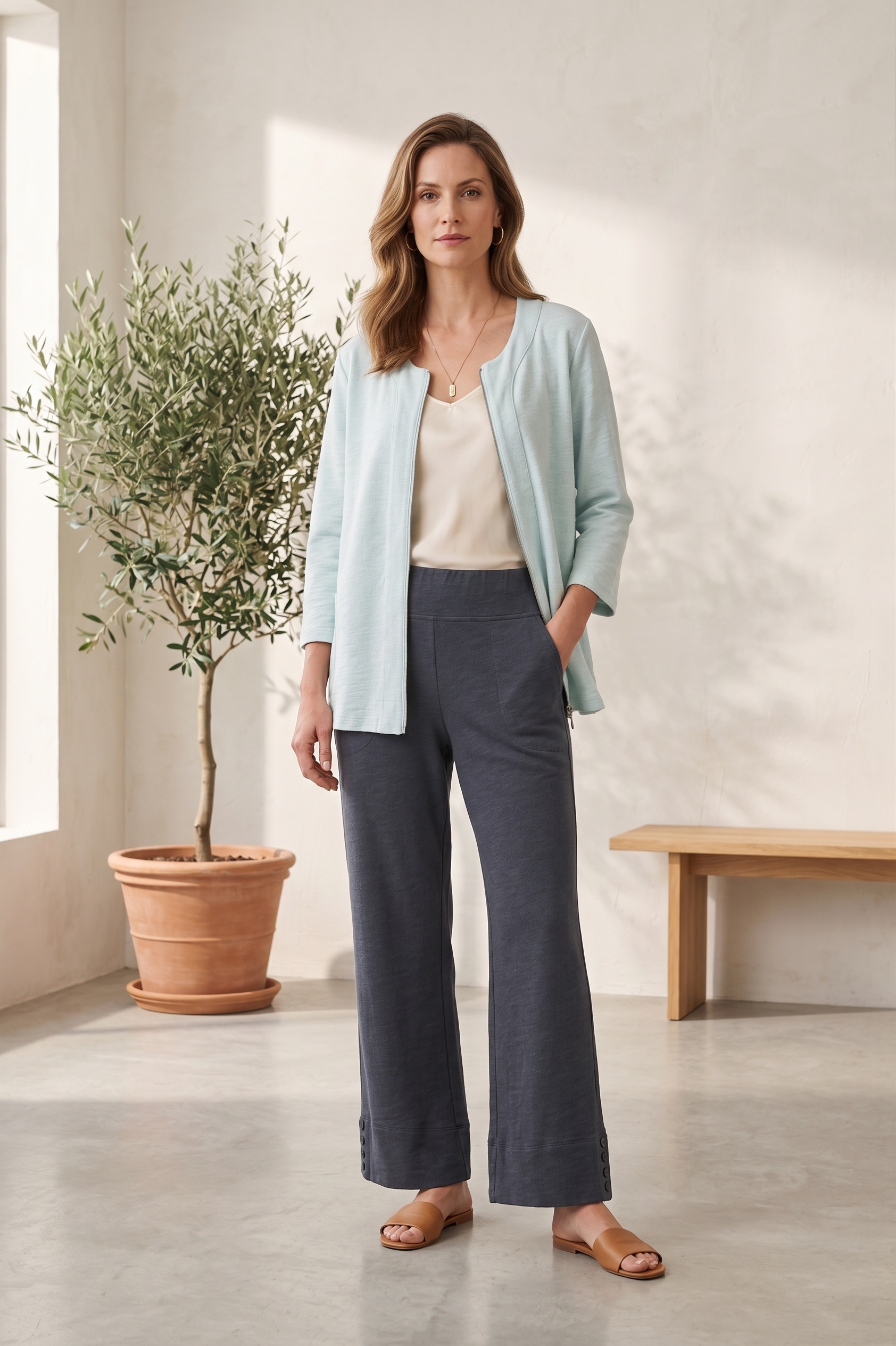 Style #8371|Wholesale 100% Cotton Slub French Terry ¾ Sleeve Summer Zip Jacket - Multiple Colors