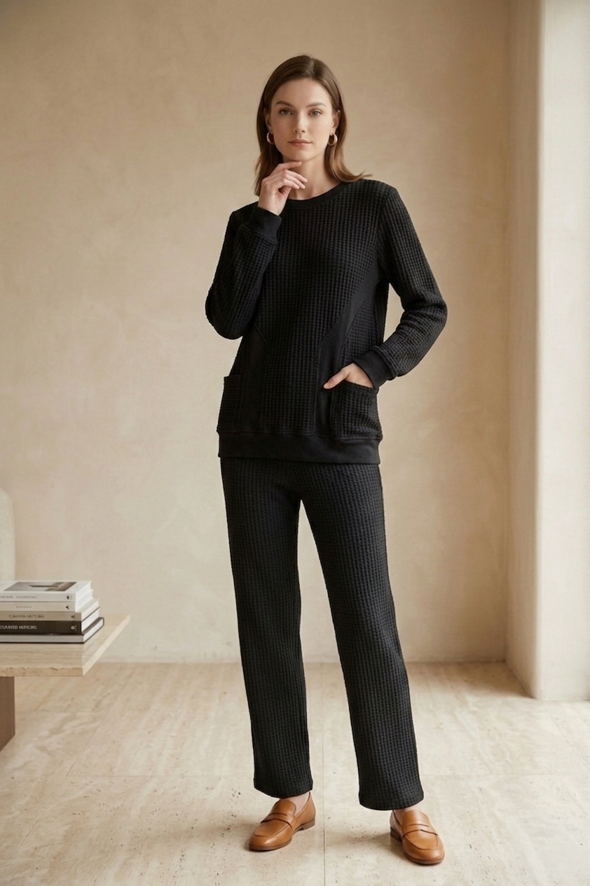 Waffle Knit Long Sleeve Crew Neck Top with Pockets - Style #W03