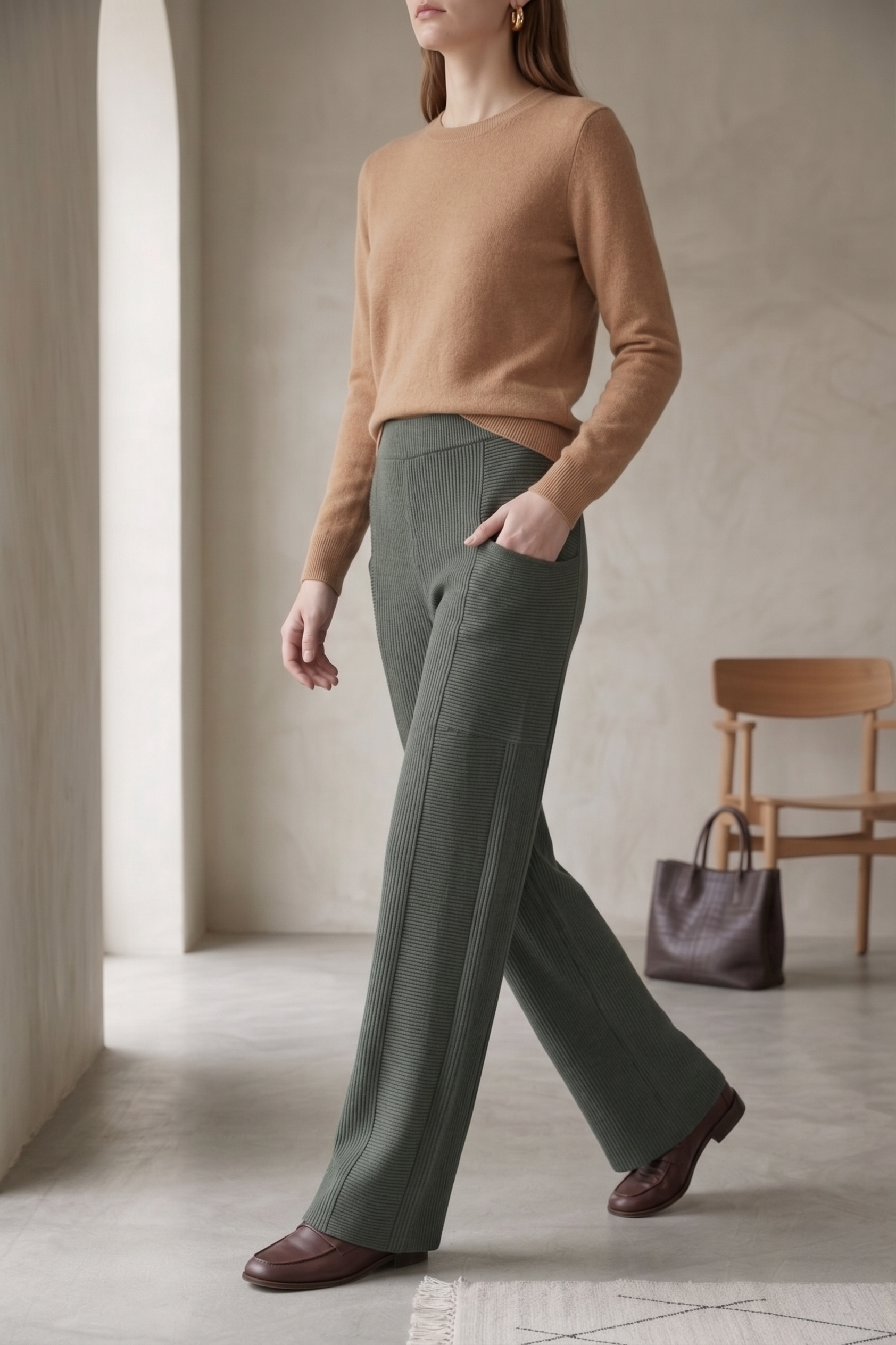 W07 | Luxe Rib-Panel Wide-Leg Waffle Knit Pants