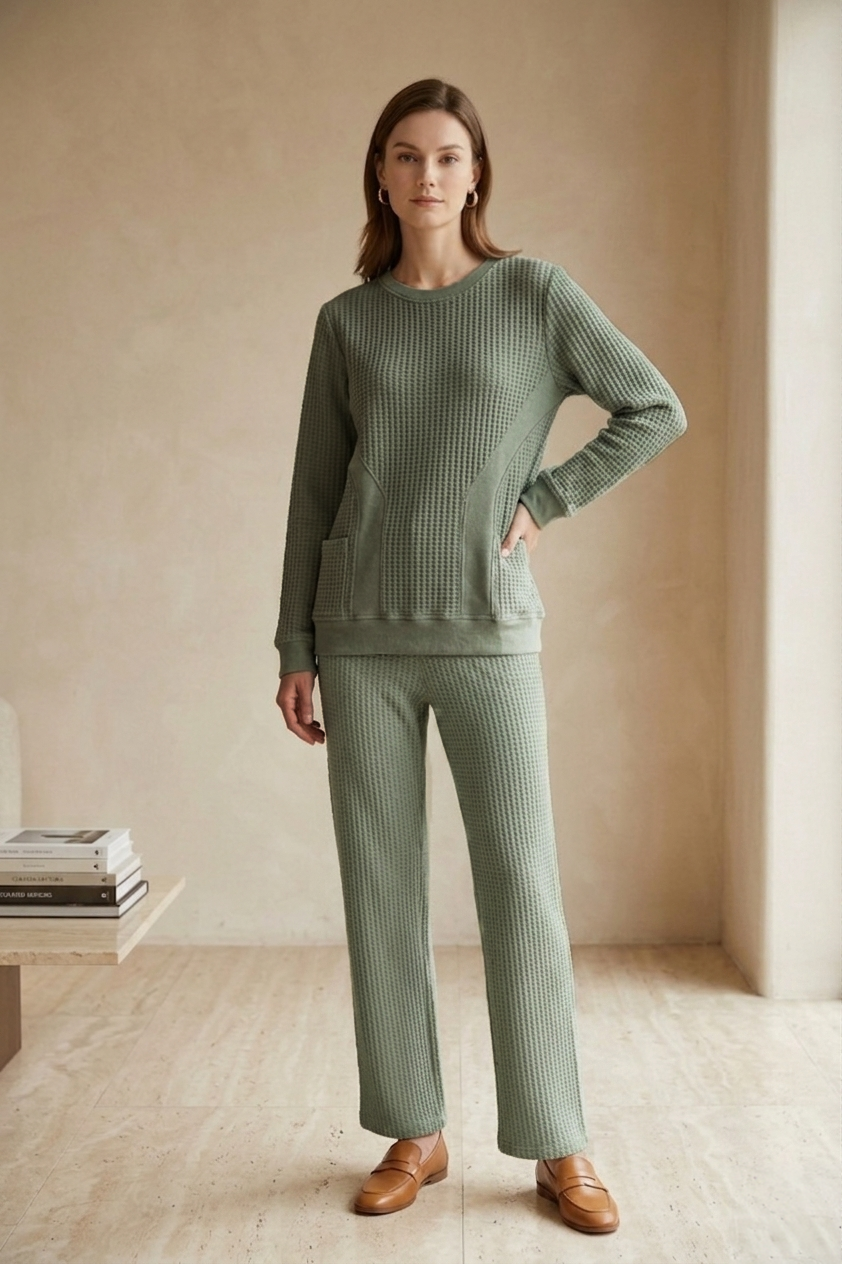 Waffle Knit Long Sleeve Crew Neck Top with Pockets - Style #W03