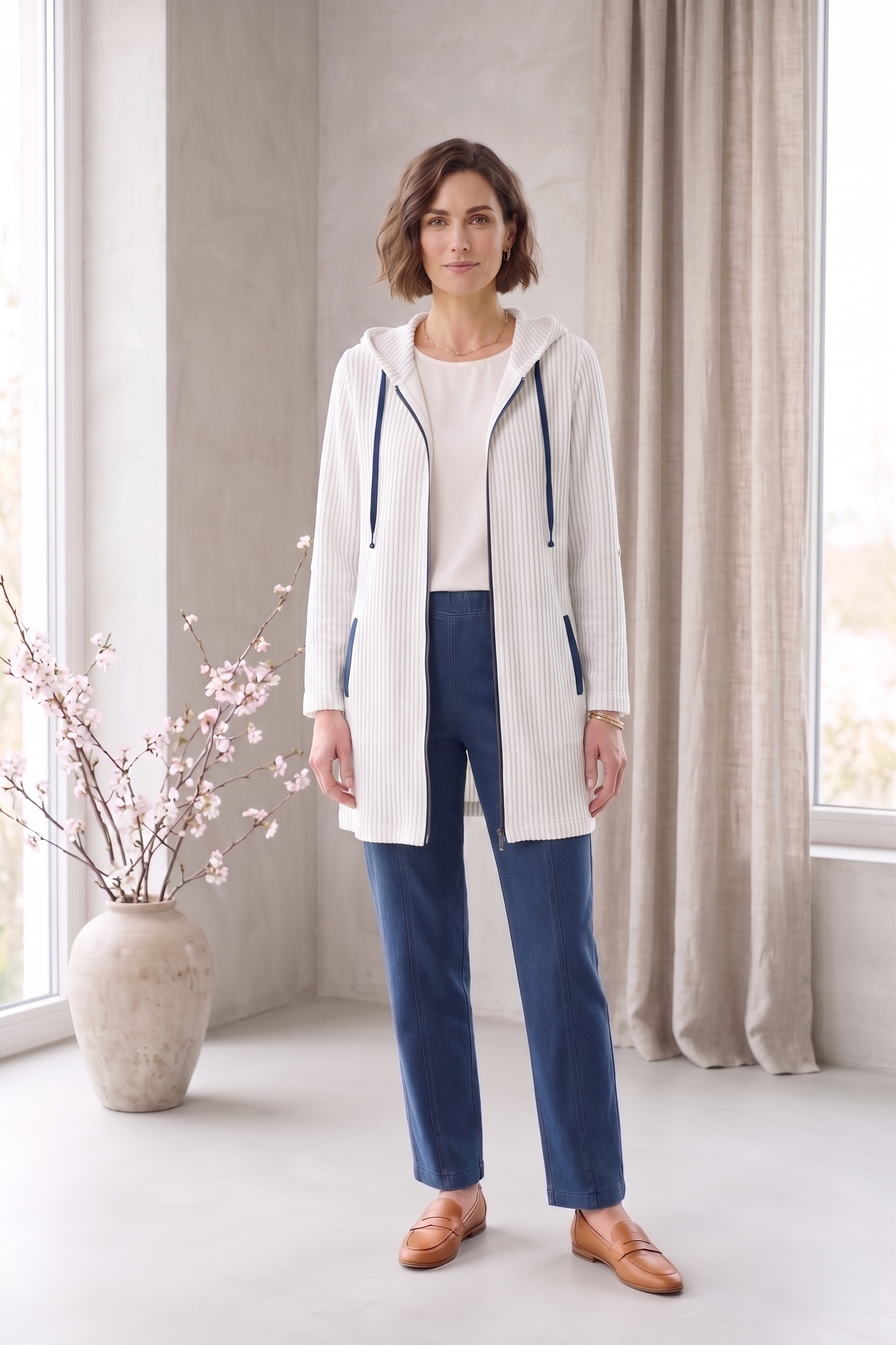 #8301 | Women's 3/4 Sleeve Mixed Stripe Zip-Up Jacket – 100% Cotton Slub French Terry