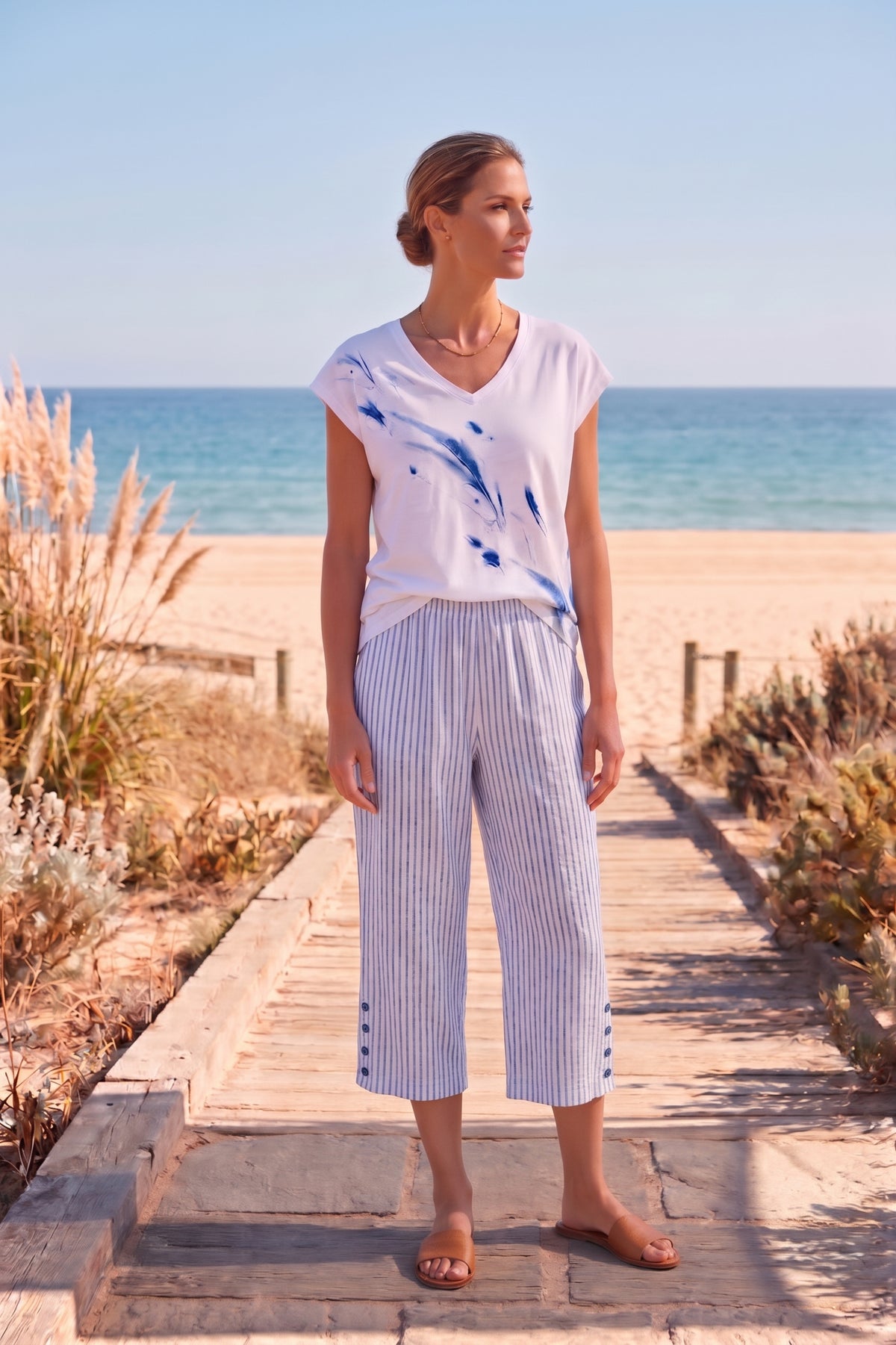 Wild Palms #5626 Side Button Stripe Capri - 100% Cotton (Wholesale)