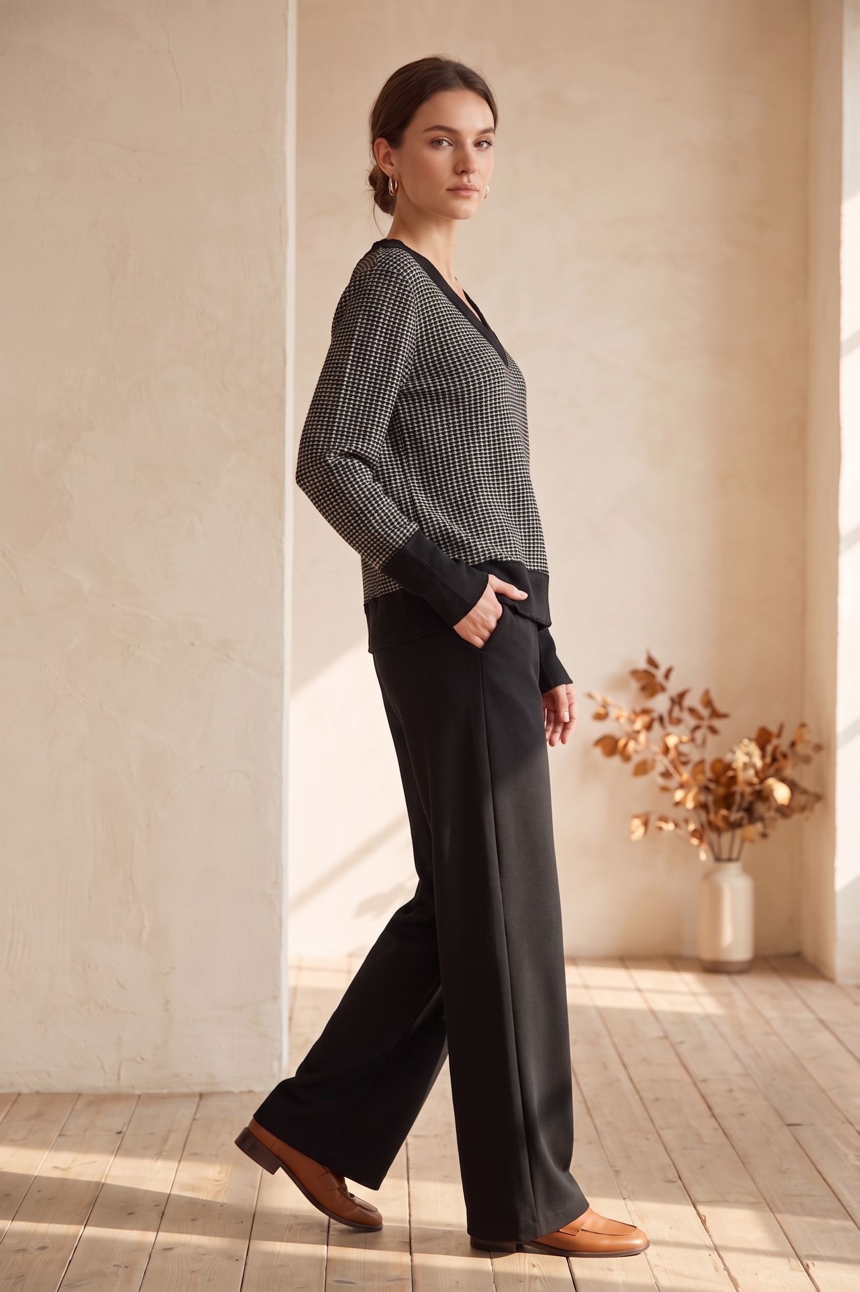 Waffle Knit Long Sleeve V-Neck Top with Contrast Stitching – #W02