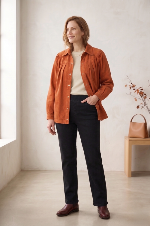#D43 Women’s Pleated Yoke Stretch Denim Jacket