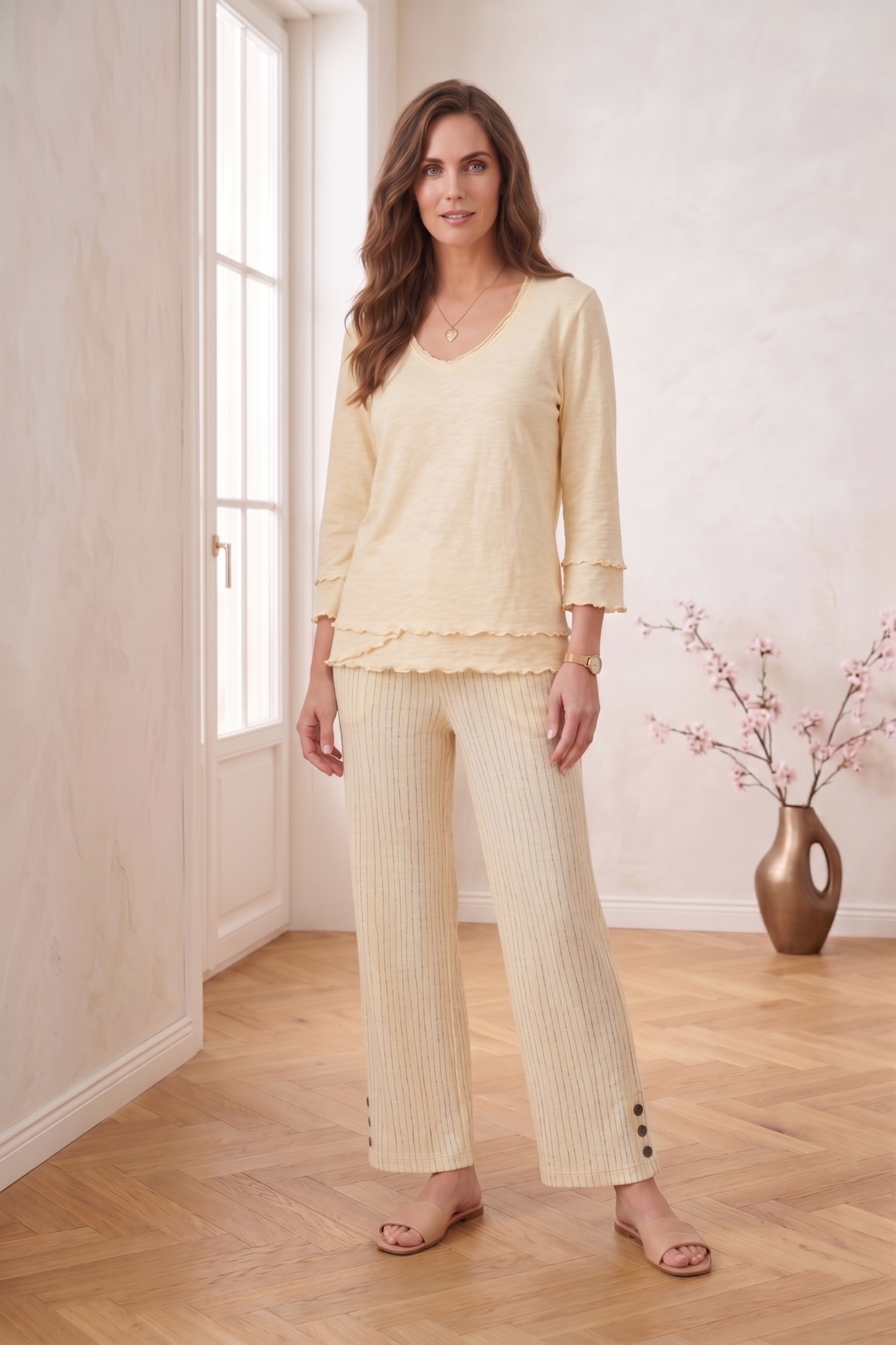 Wholesale Style #5751: Thin Stripe Side Button Capri - 100% Cotton Slub French Terry