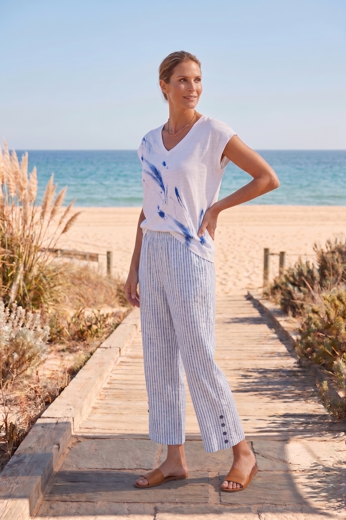 Wild Palms #5626 Side Button Stripe Capri - 100% Cotton (Wholesale)