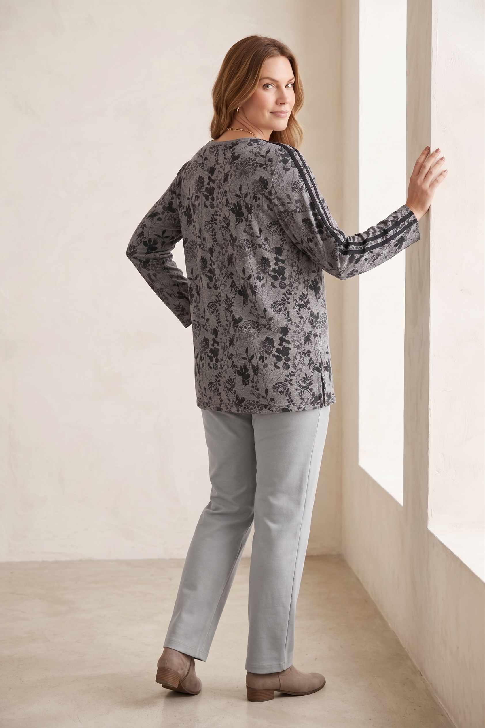 #1273 Long Sleeve "Water Leaves" Floral Print Top | 100% Cotton Jersey