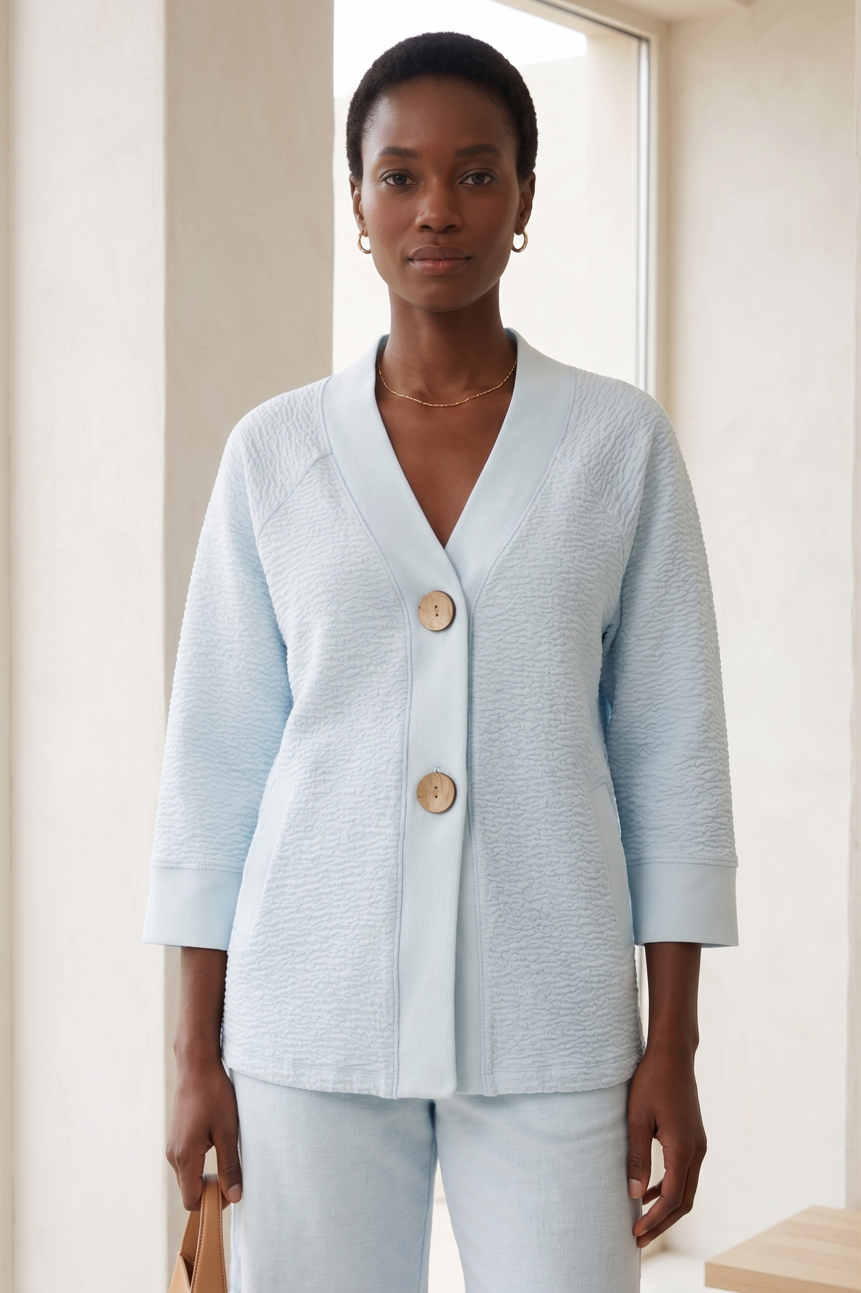 Style #8374 Wholesale Bubble Knit Bracelet Sleeve Big Button Cardigan - Multiple Colors