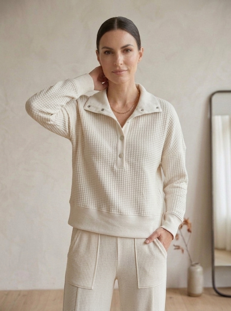 Waffle Knit Bracelet Sleeve Placket Top - Style #W05