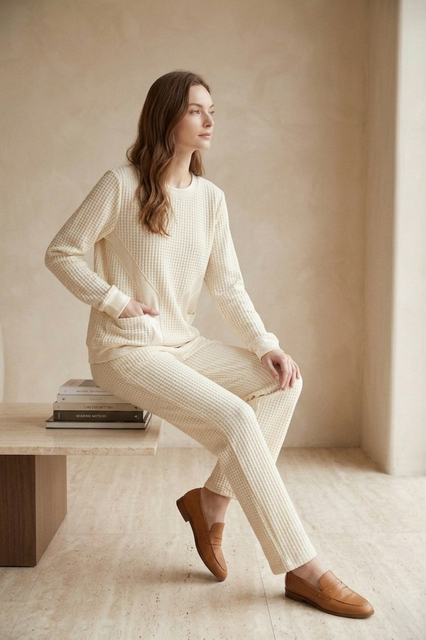 Waffle Knit Long Sleeve Crew Neck Top with Pockets - Style #W03