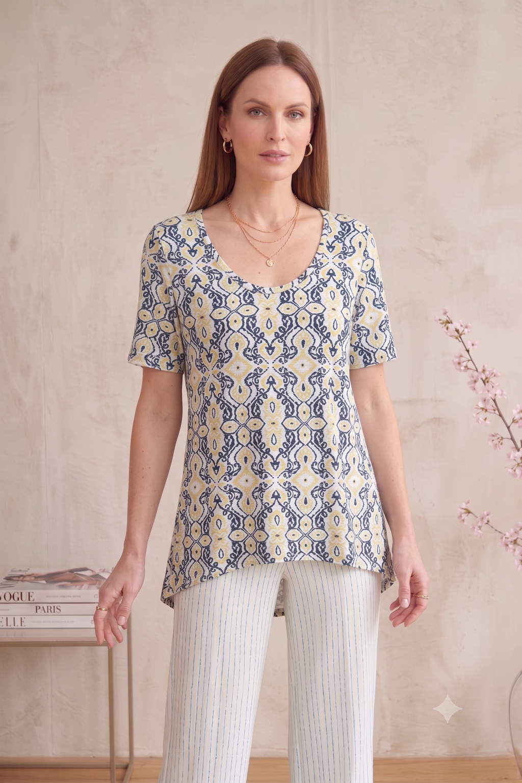 #1704: Elbow Slv. Abstract Floral Print Top