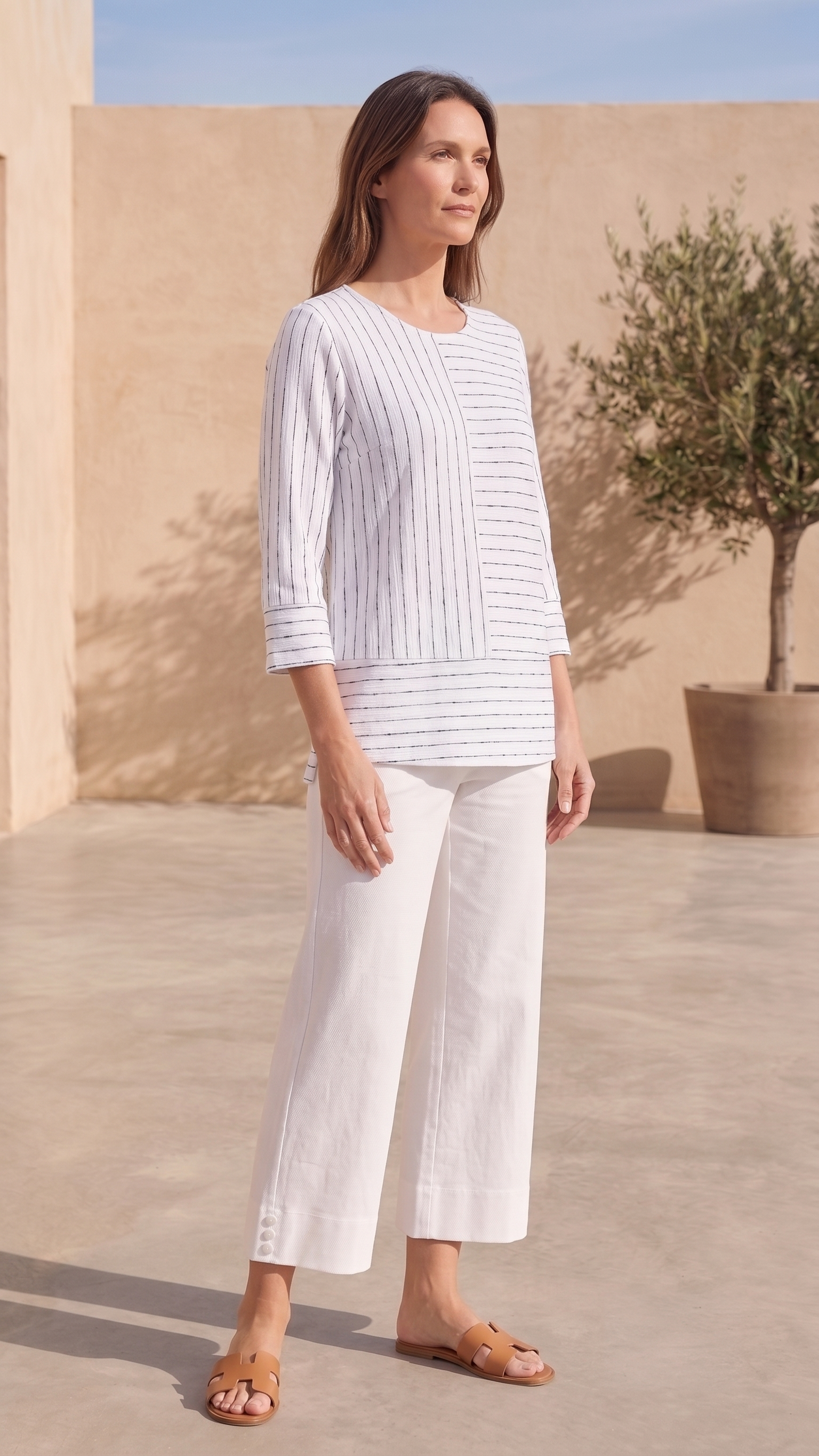 Style #1714-Wild Palms Wholesale Women's 100% Cotton ¾ Sleeve Thin Stripe Top
