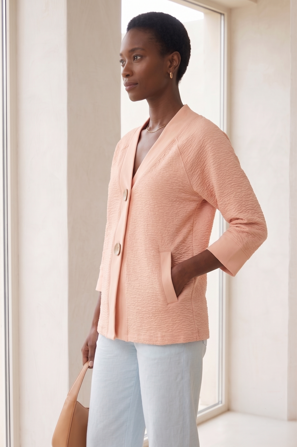 Style #8374 Wholesale Bubble Knit Bracelet Sleeve Big Button Cardigan - Multiple Colors