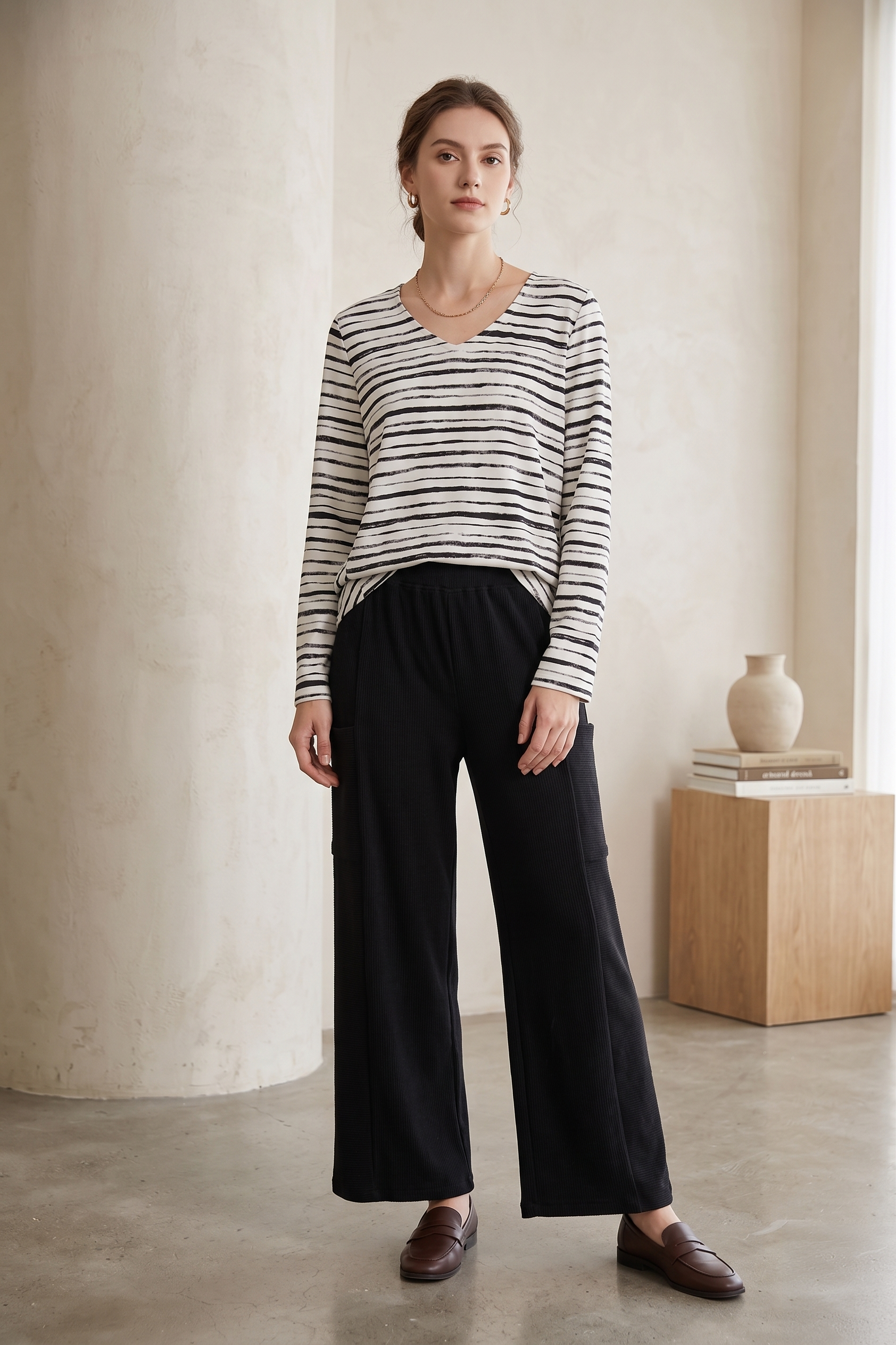 Women's Long Sleeve Striped Cotton Jersey Top (#D32)