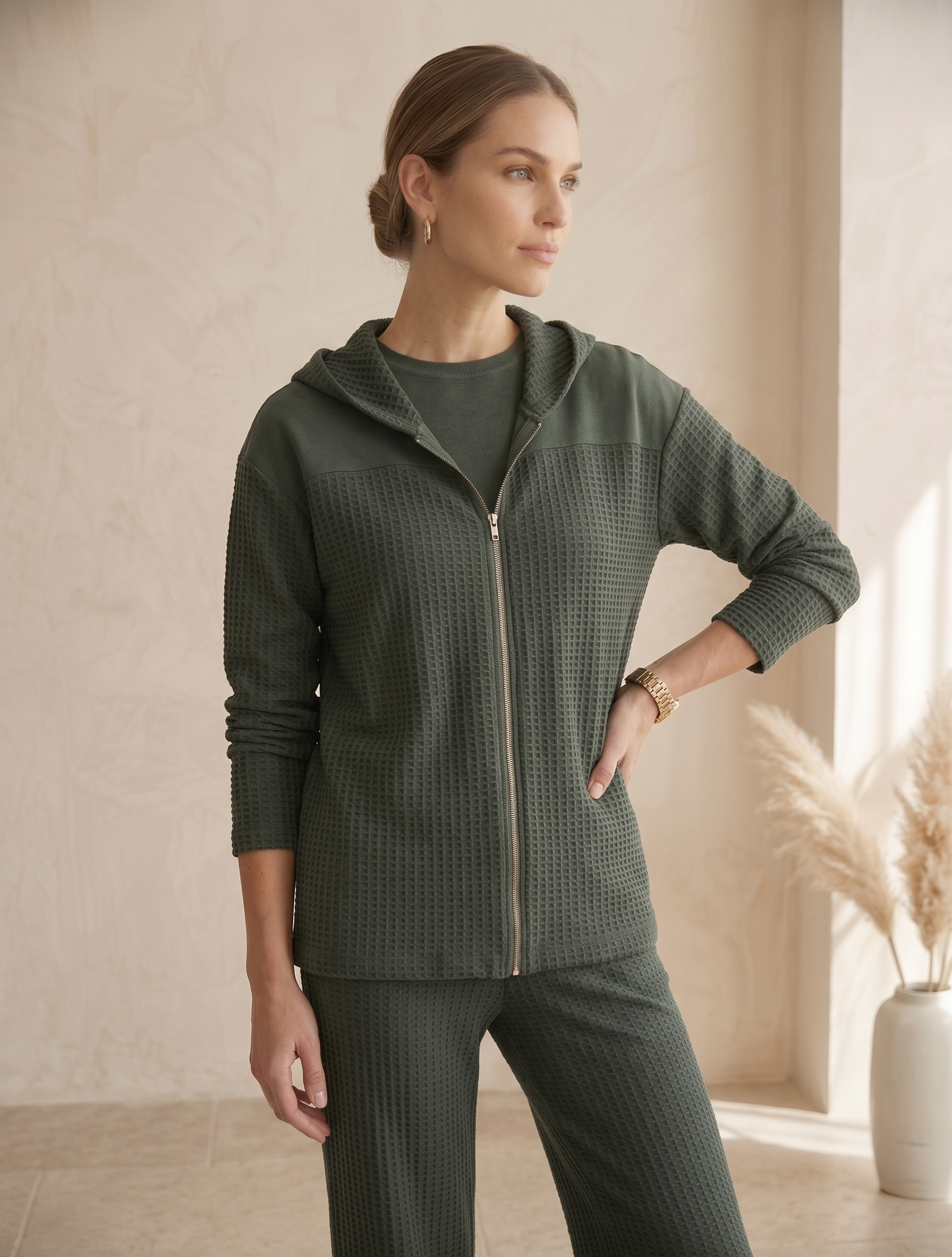 Waffle Knit Long Sleeve Drop Shoulder Zip Hoodie (#W01) — Wholesale