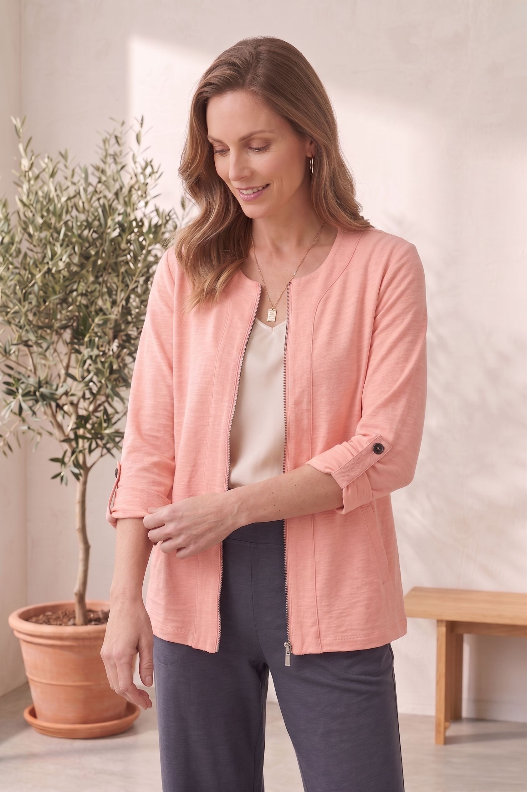 Style #8371|Wholesale 100% Cotton Slub French Terry ¾ Sleeve Summer Zip Jacket - Multiple Colors