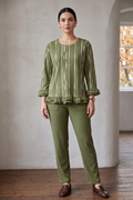 D50 Ruffle Sleeve Distress Stripe Tunic | Premium Cotton Jersey