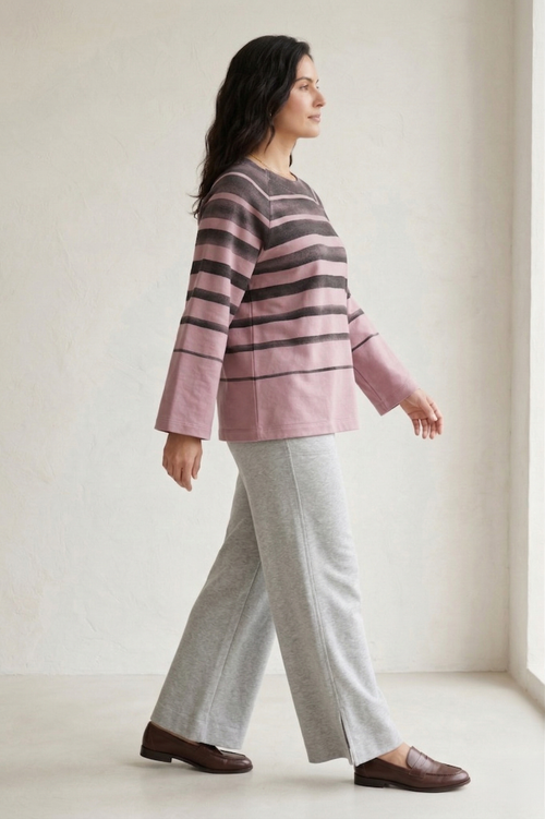 #7767 Women’s Long Sleeve Striped Top | Premium Stretch French Terry with Tab Pocket