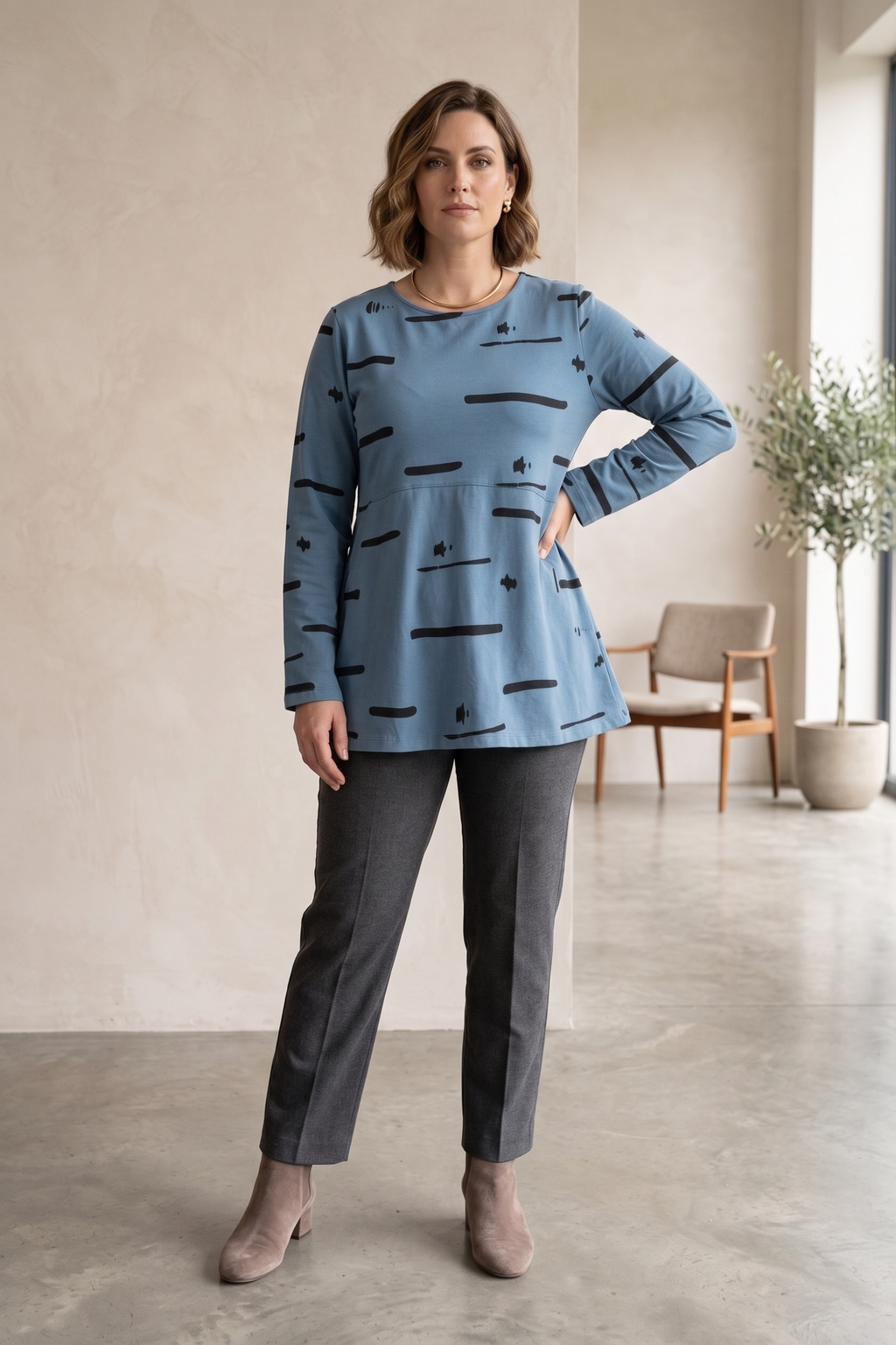 #1272 Abstract Print Long Sleeve Tunic Top | 100% Cotton Jersey