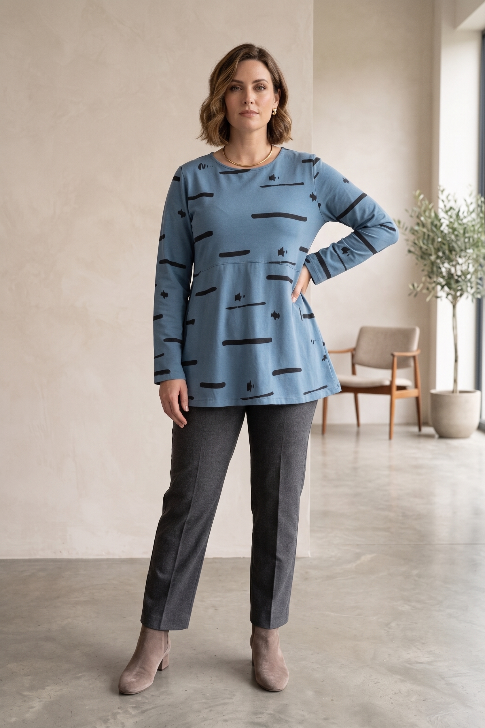 #1272 Abstract Print Long Sleeve Tunic Top | 100% Cotton Jersey