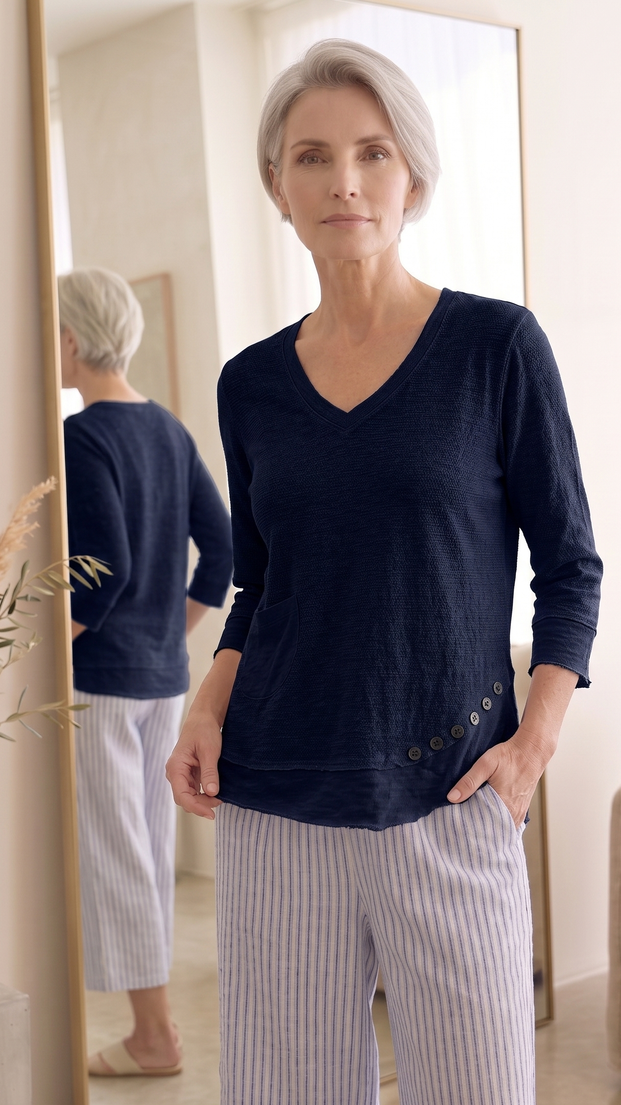 Style #1627-Wholesale Women's 100% Cotton ¾ Sleeve Side-Button Top