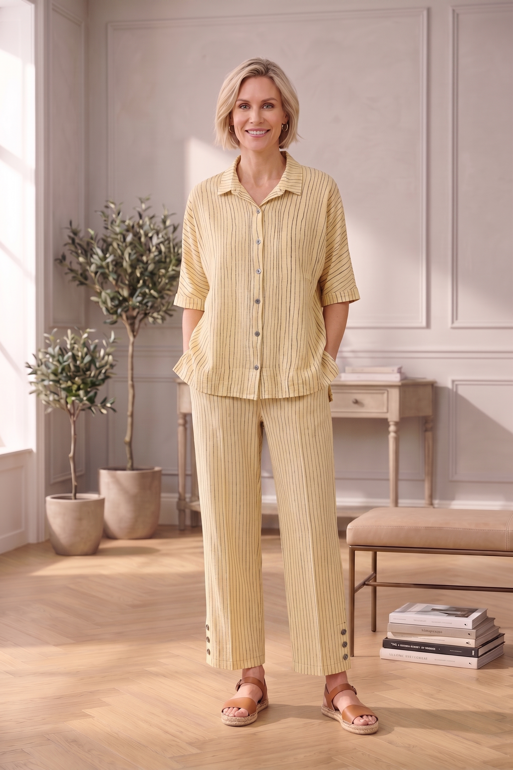 #1703 | 100% Cotton Slub Jersey Elbow Sleeve Thin Stripe Shirt