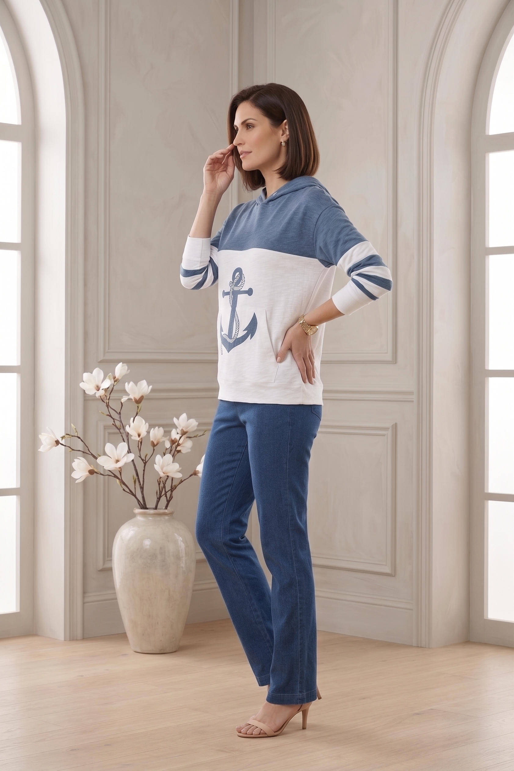 #1701A Long Sleeve Pullover Hoodie with Anchor Print - 100% Cotton Slub Jersey