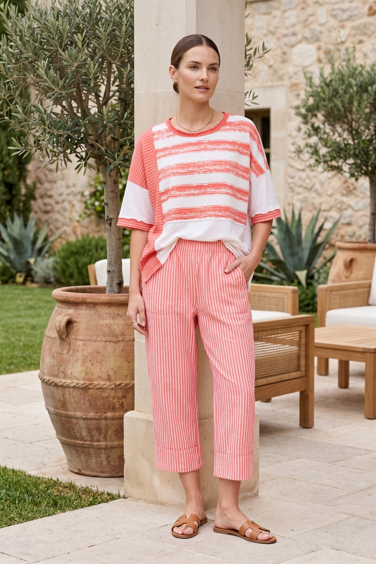 #FT03 | Elbow Slv. Raw Edge Stripe Patchwork Top