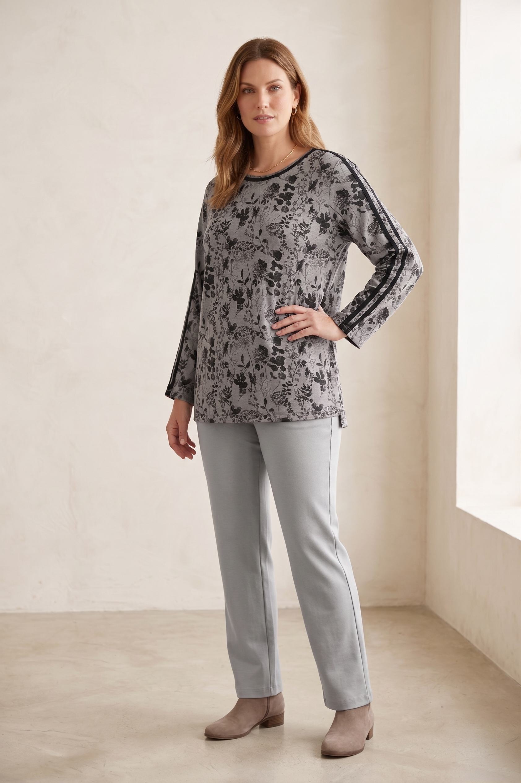 #1273 Long Sleeve "Water Leaves" Floral Print Top | 100% Cotton Jersey