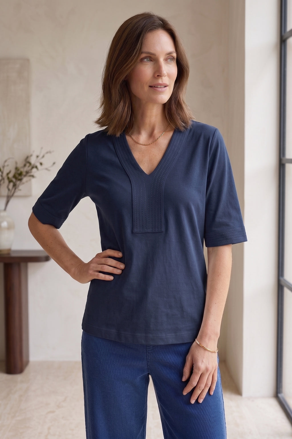 #JS45 Elbow Slv. V-Neck Placket Detail Top