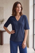 #JS45 Elbow Slv. V-Neck Placket Detail Top