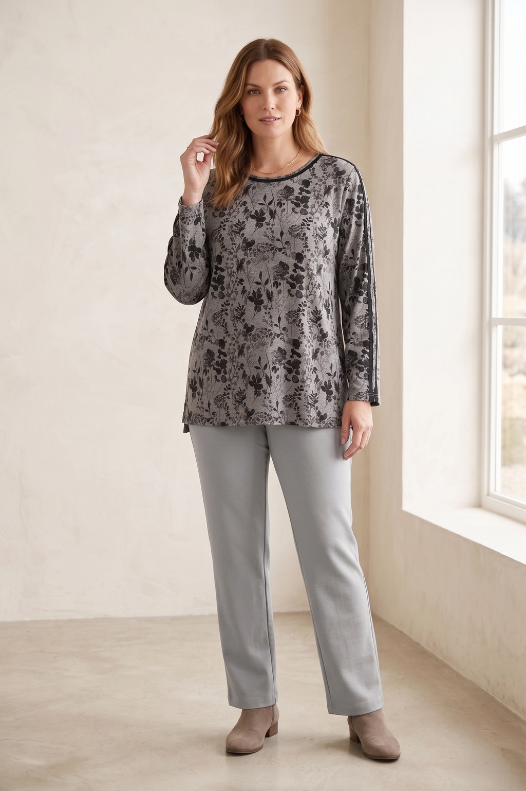 #1273 Long Sleeve "Water Leaves" Floral Print Top | 100% Cotton Jersey