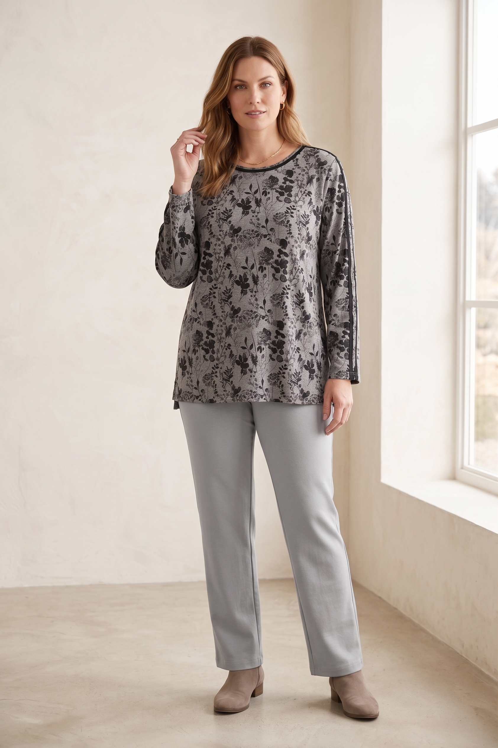 #1273 Long Sleeve "Water Leaves" Floral Print Top | 100% Cotton Jersey