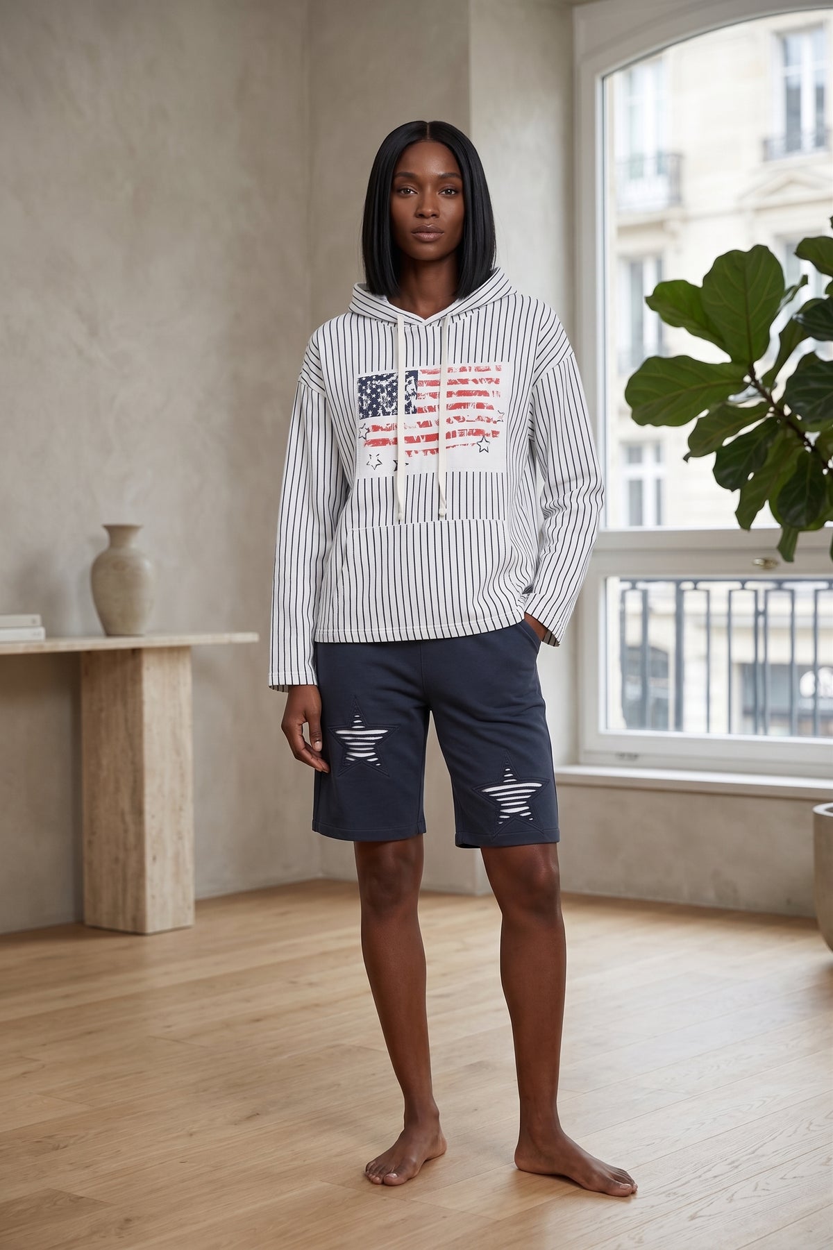 #FT71 Long Slv. Star & Stripe Print Crop Hoodie - White/Navy/Kiss