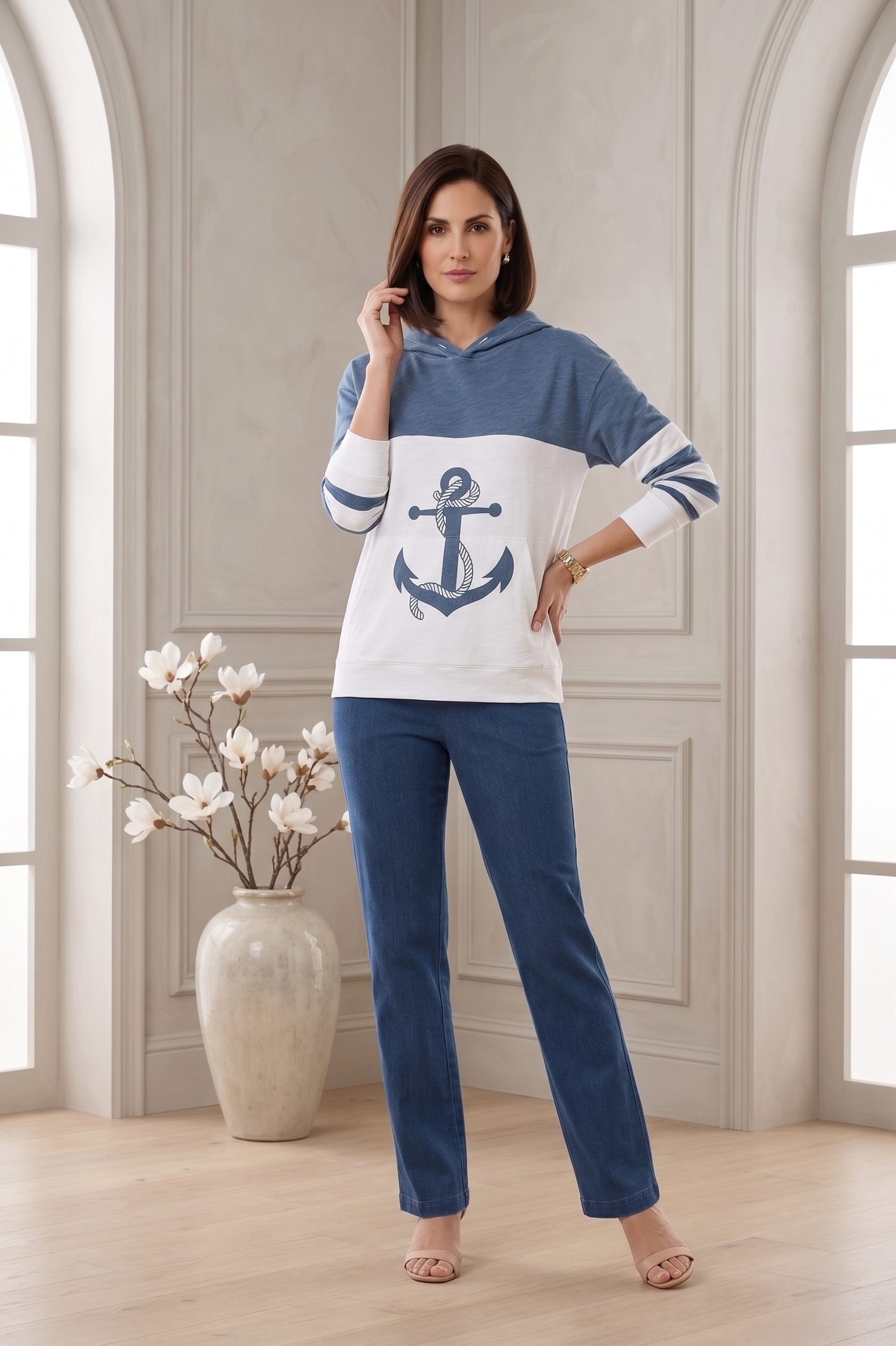 #1701A Long Sleeve Pullover Hoodie with Anchor Print - 100% Cotton Slub Jersey