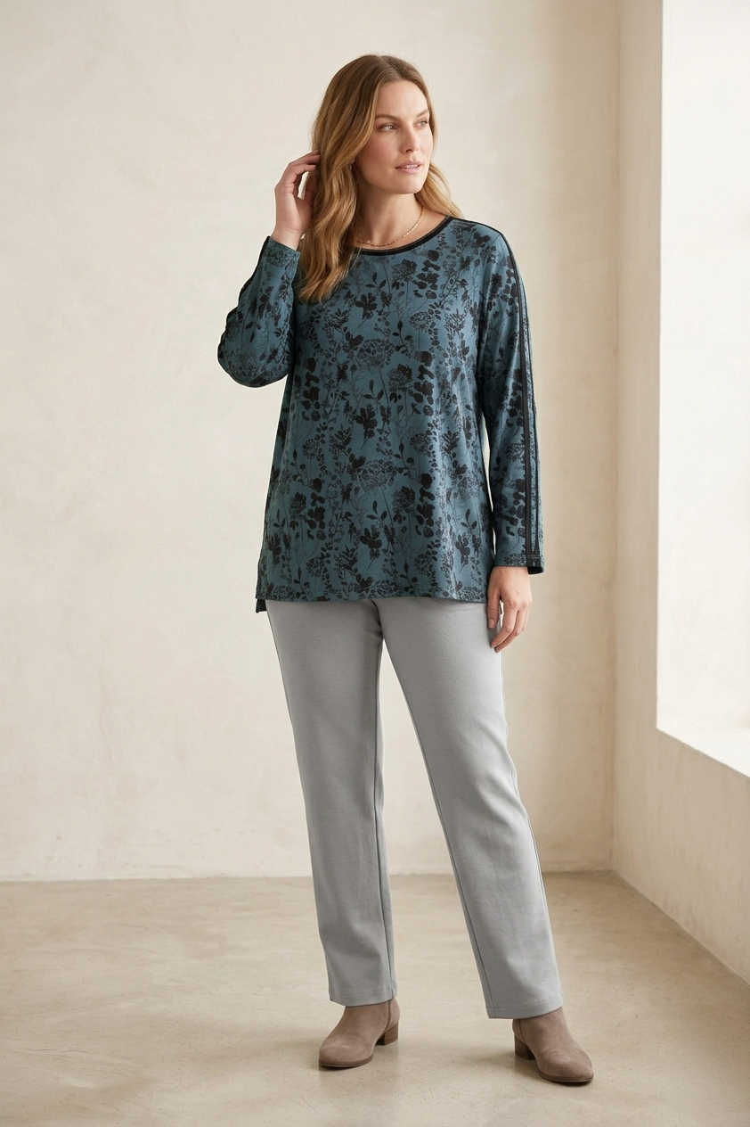 #1273 Long Sleeve "Water Leaves" Floral Print Top | 100% Cotton Jersey