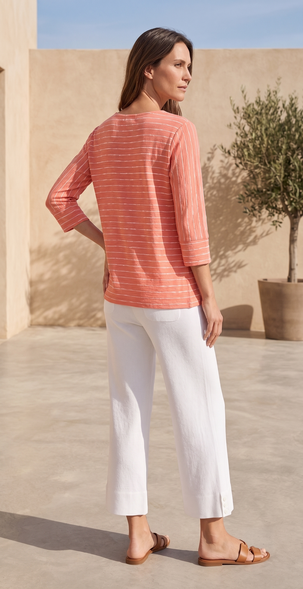 Style #1714-Wild Palms Wholesale Women's 100% Cotton ¾ Sleeve Thin Stripe Top