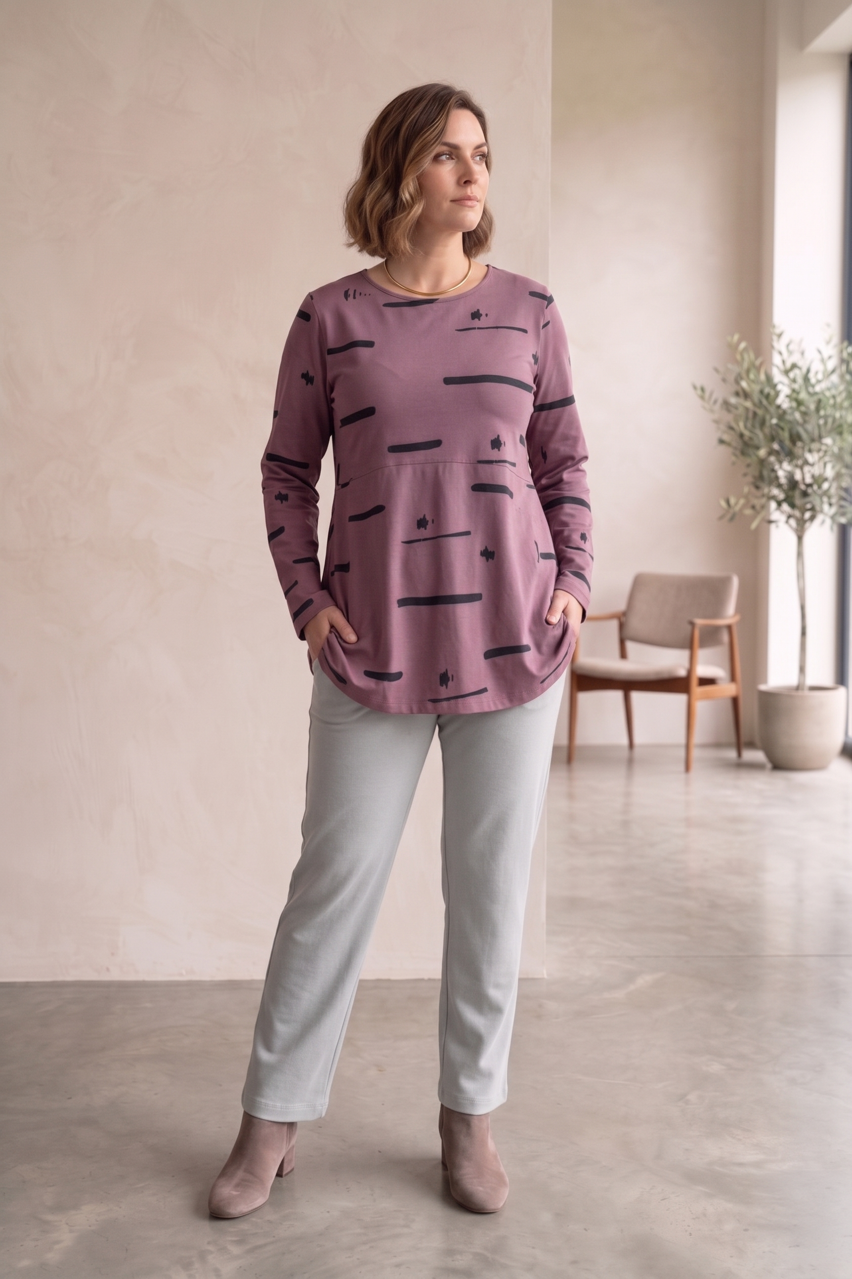 #1272 Abstract Print Long Sleeve Tunic Top | 100% Cotton Jersey