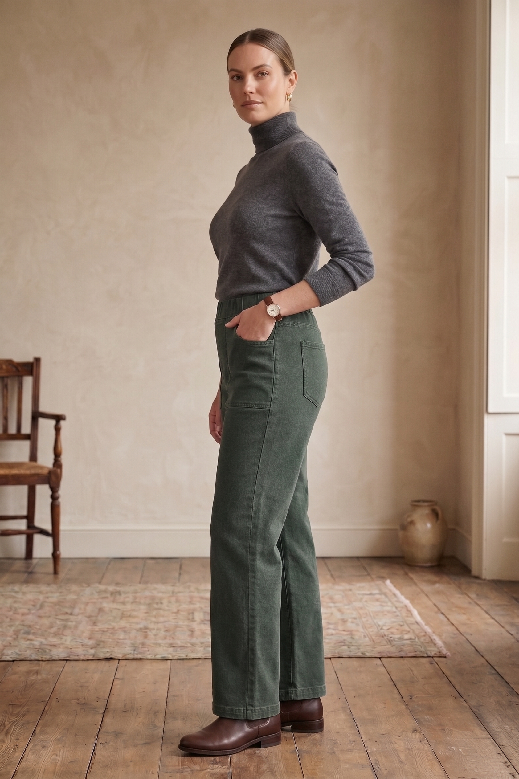 D55 Premium Stretch Denim Pull-On Pants | Minimalist "Little Luxe" Style