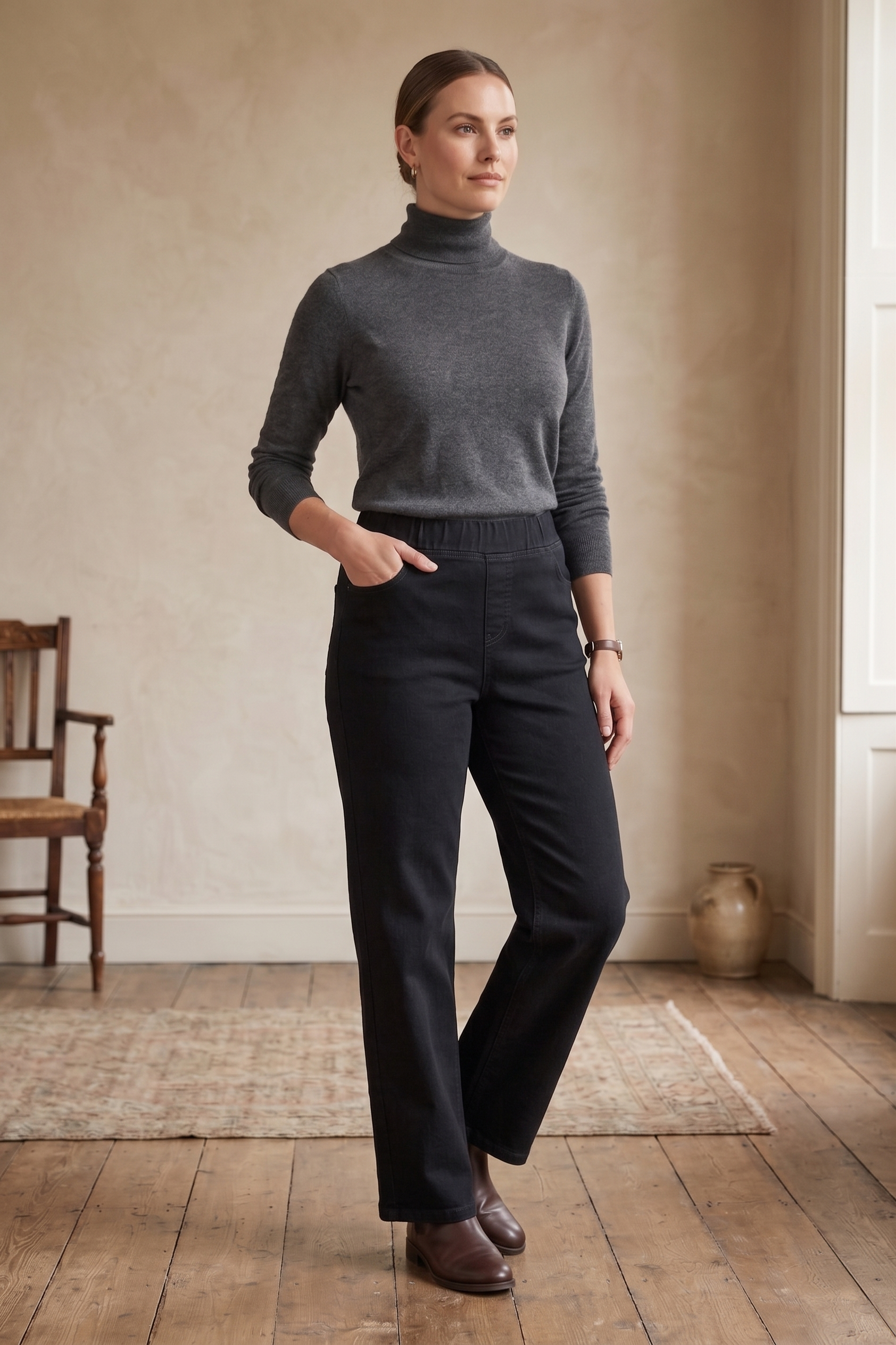 D55 Premium Stretch Denim Pull-On Pants | Minimalist "Little Luxe" Style