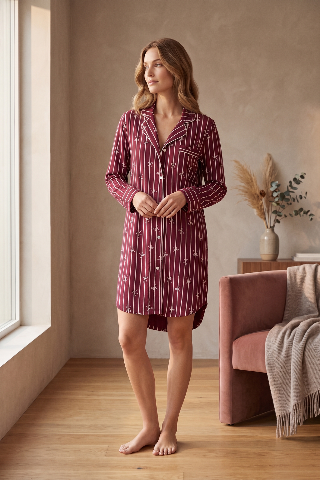 PJ74 Bow & Stripe Nightshirt | Premium Cotton Stretch French Terry