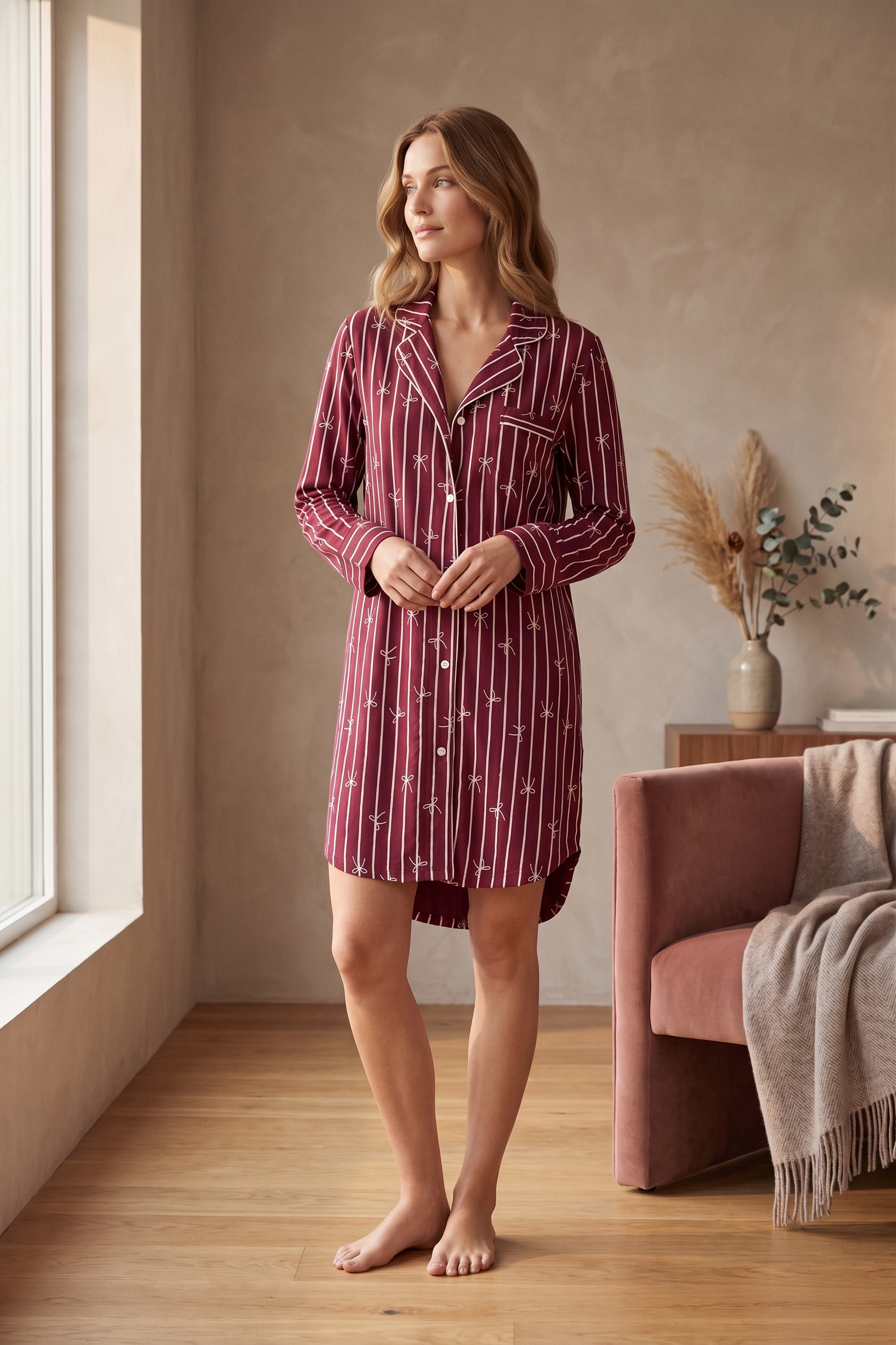 PJ74 Bow & Stripe Nightshirt | Premium Cotton Stretch French Terry