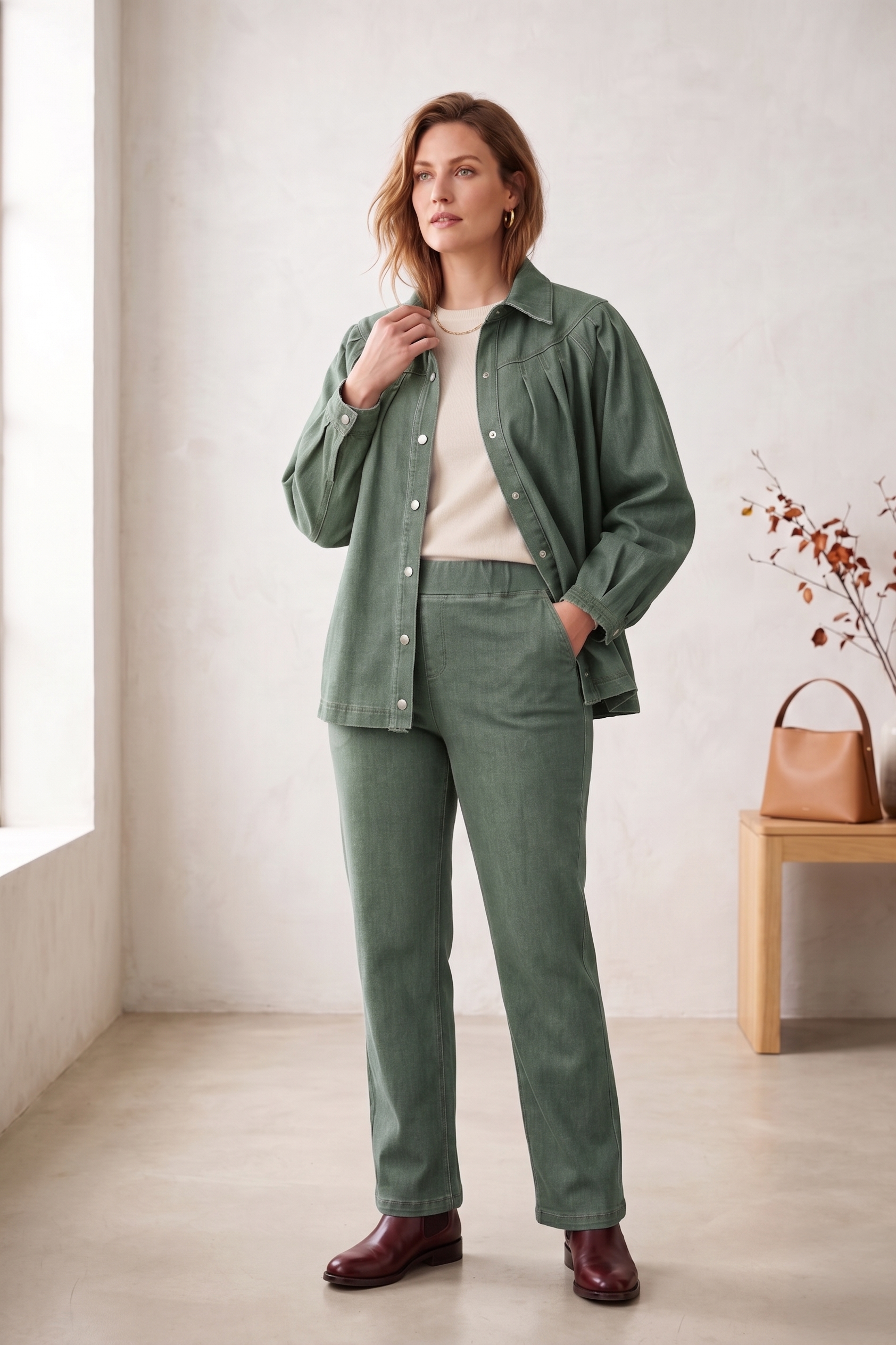 #D43 Women’s Pleated Yoke Stretch Denim Jacket