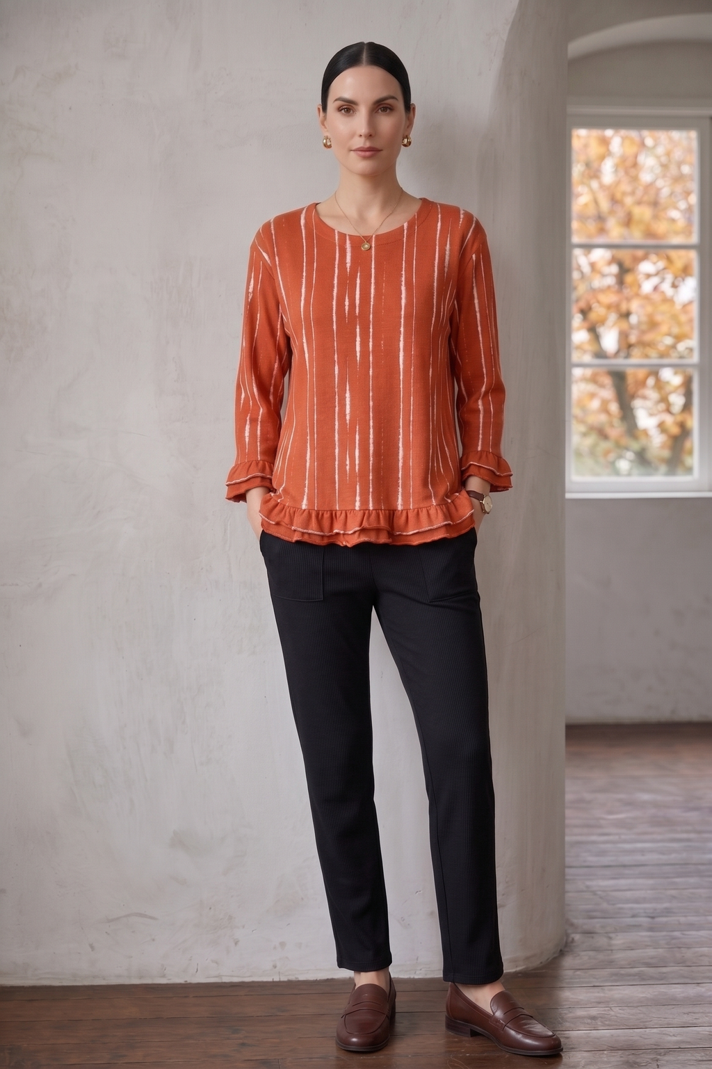 D50 Ruffle Sleeve Distress Stripe Tunic | Premium Cotton Jersey
