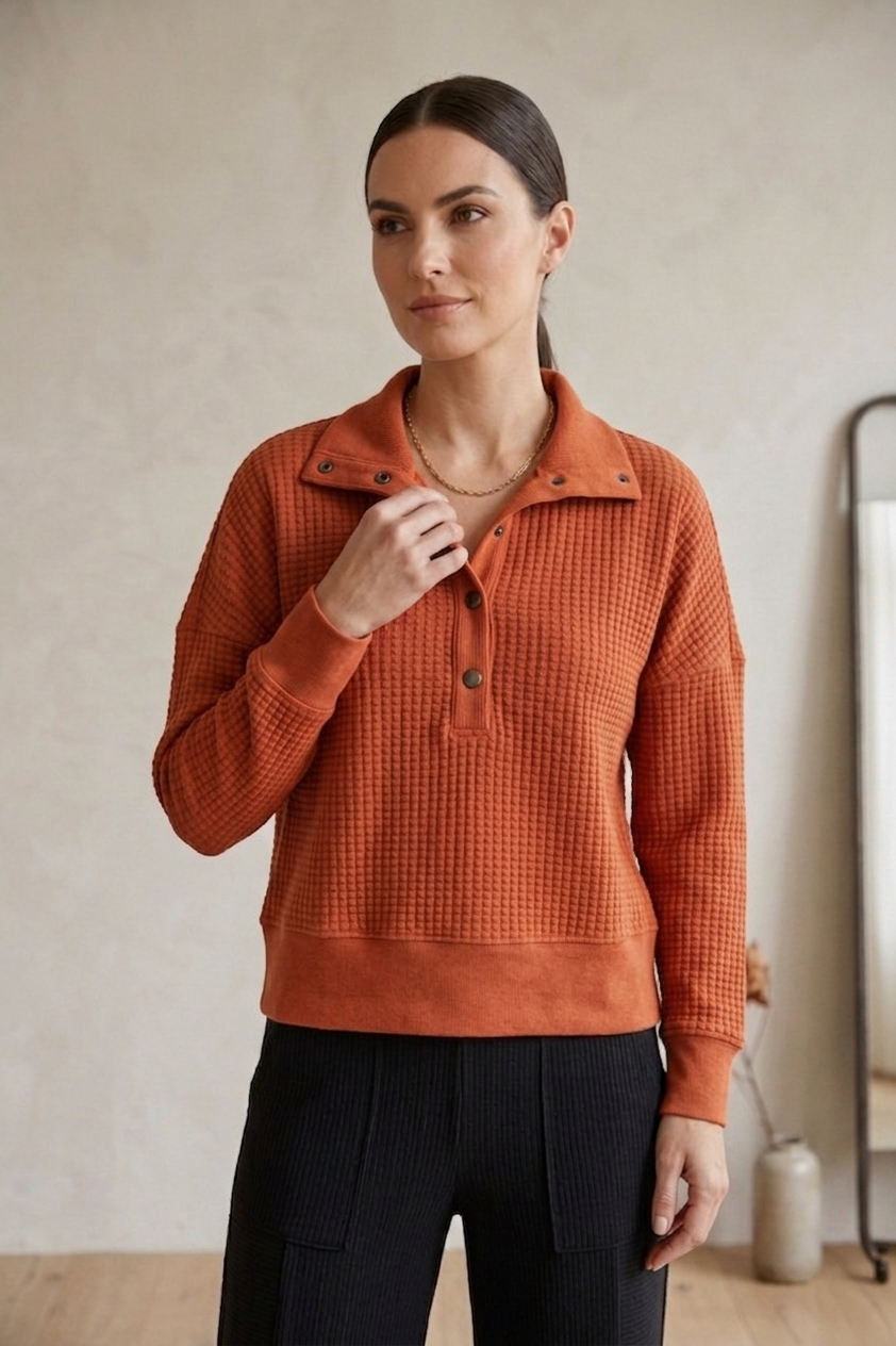 Waffle Knit Bracelet Sleeve Placket Top - Style #W05