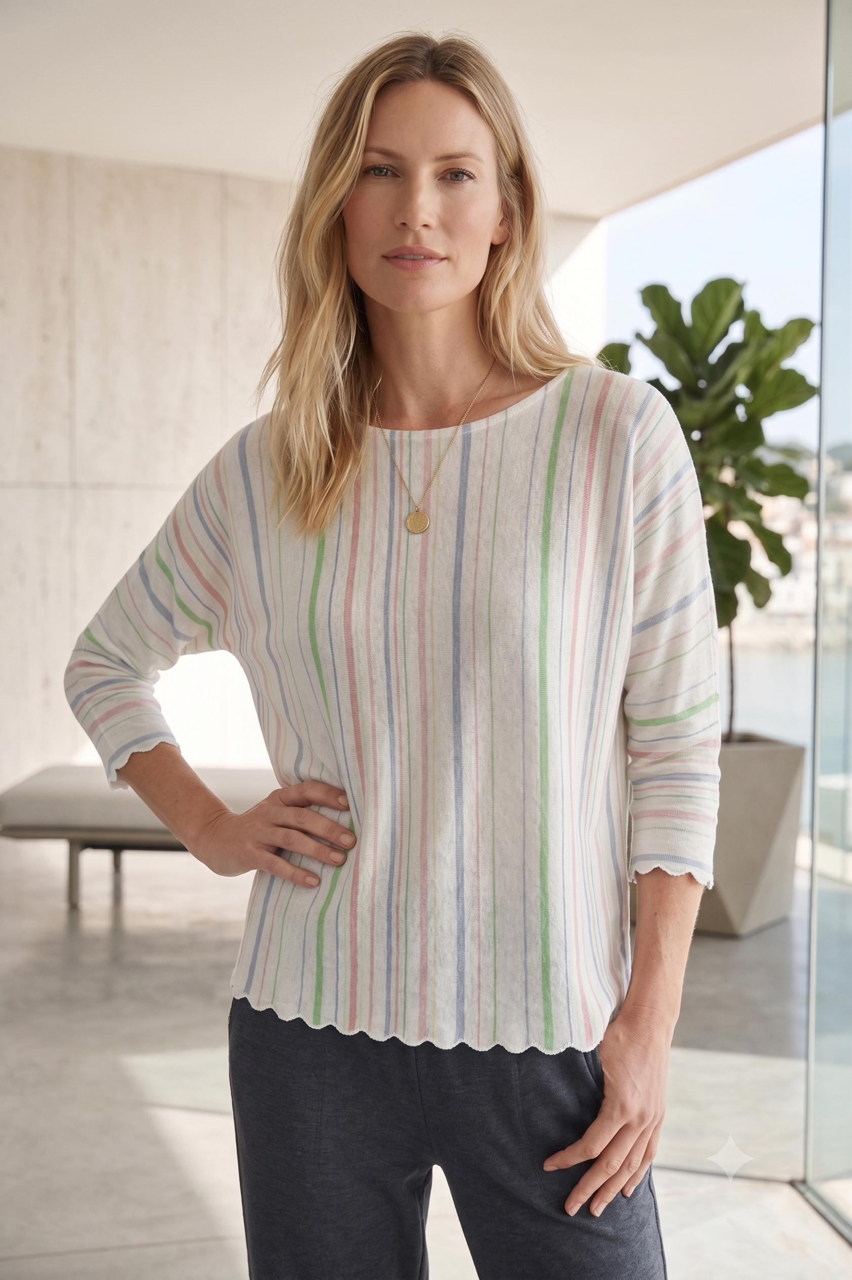 Style #1712-Wild Palms Wholesale Women's 100% Cotton Multi Stripe Tuck Sleeve Top