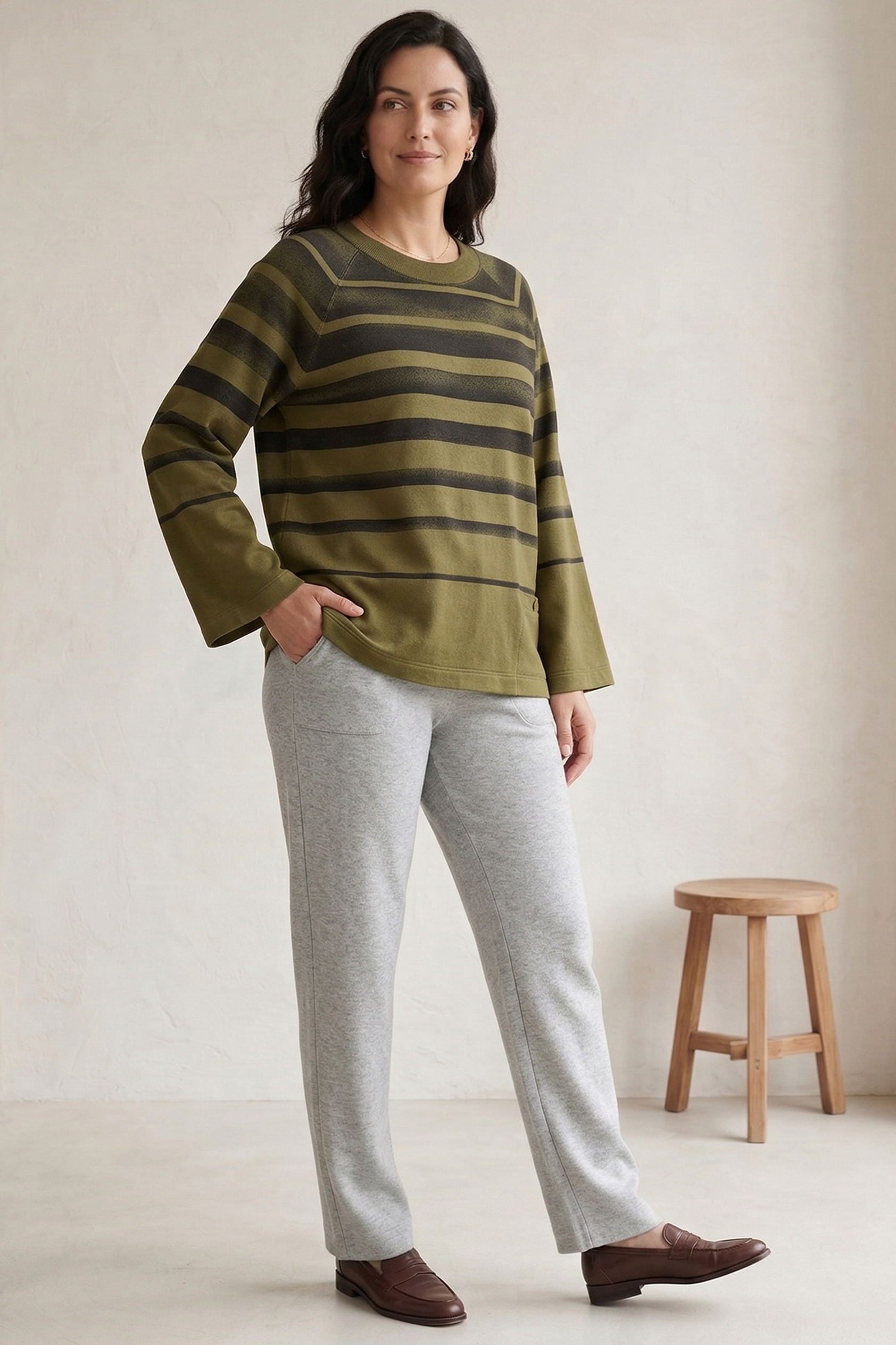 #7767 Women’s Long Sleeve Striped Top | Premium Stretch French Terry with Tab Pocket