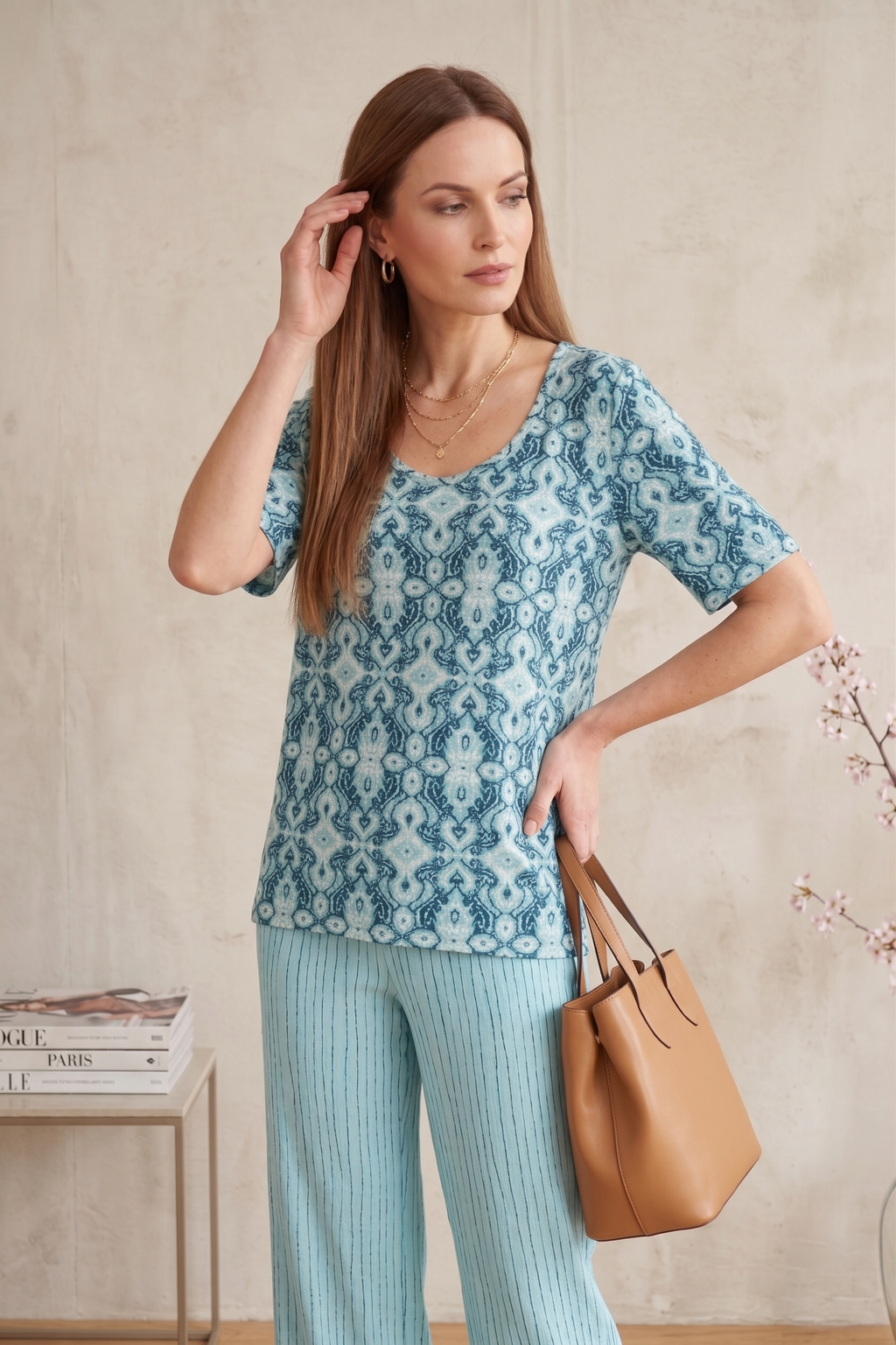 #1704: Elbow Slv. Abstract Floral Print Top
