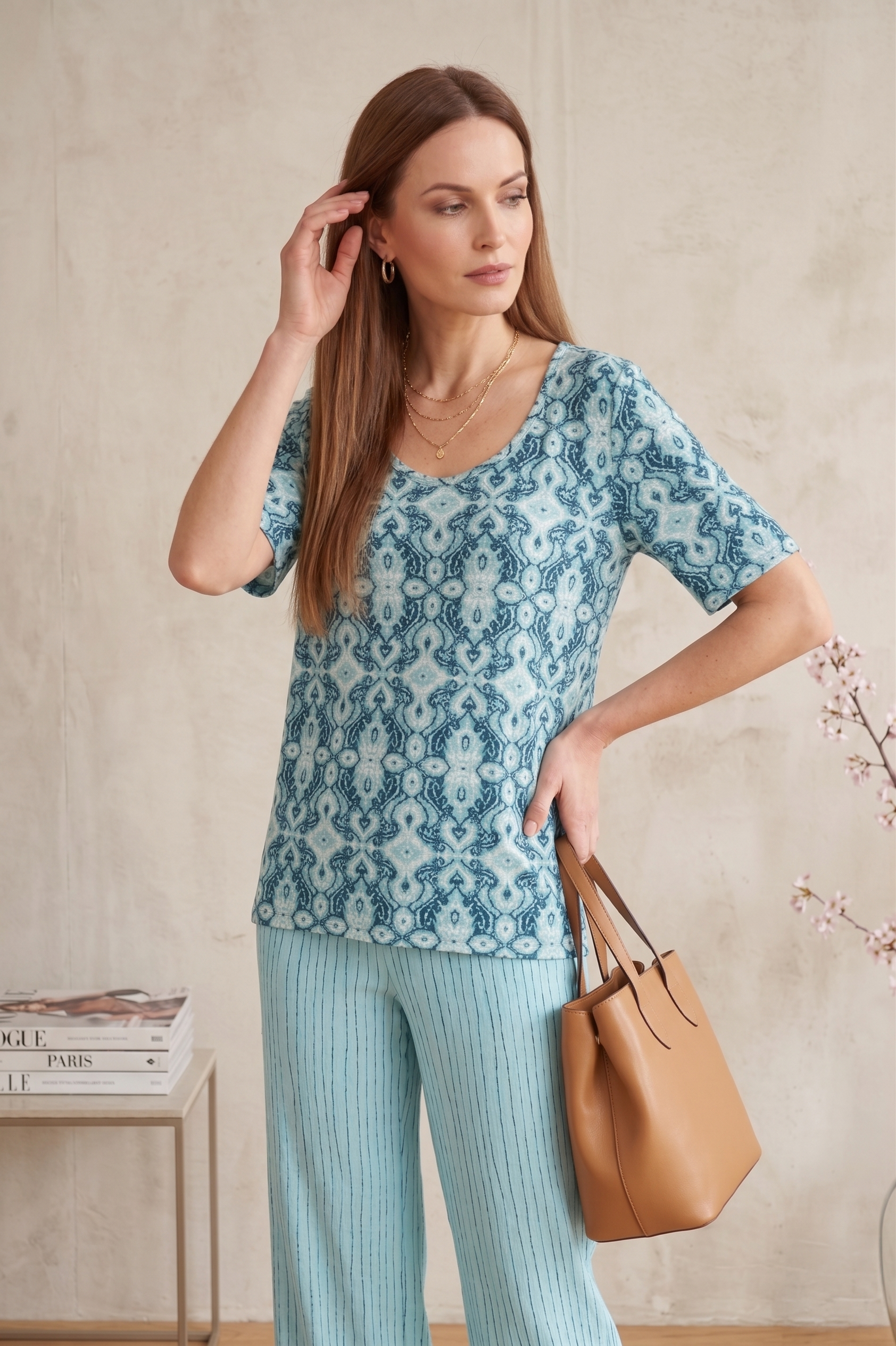 #1704: Elbow Slv. Abstract Floral Print Top