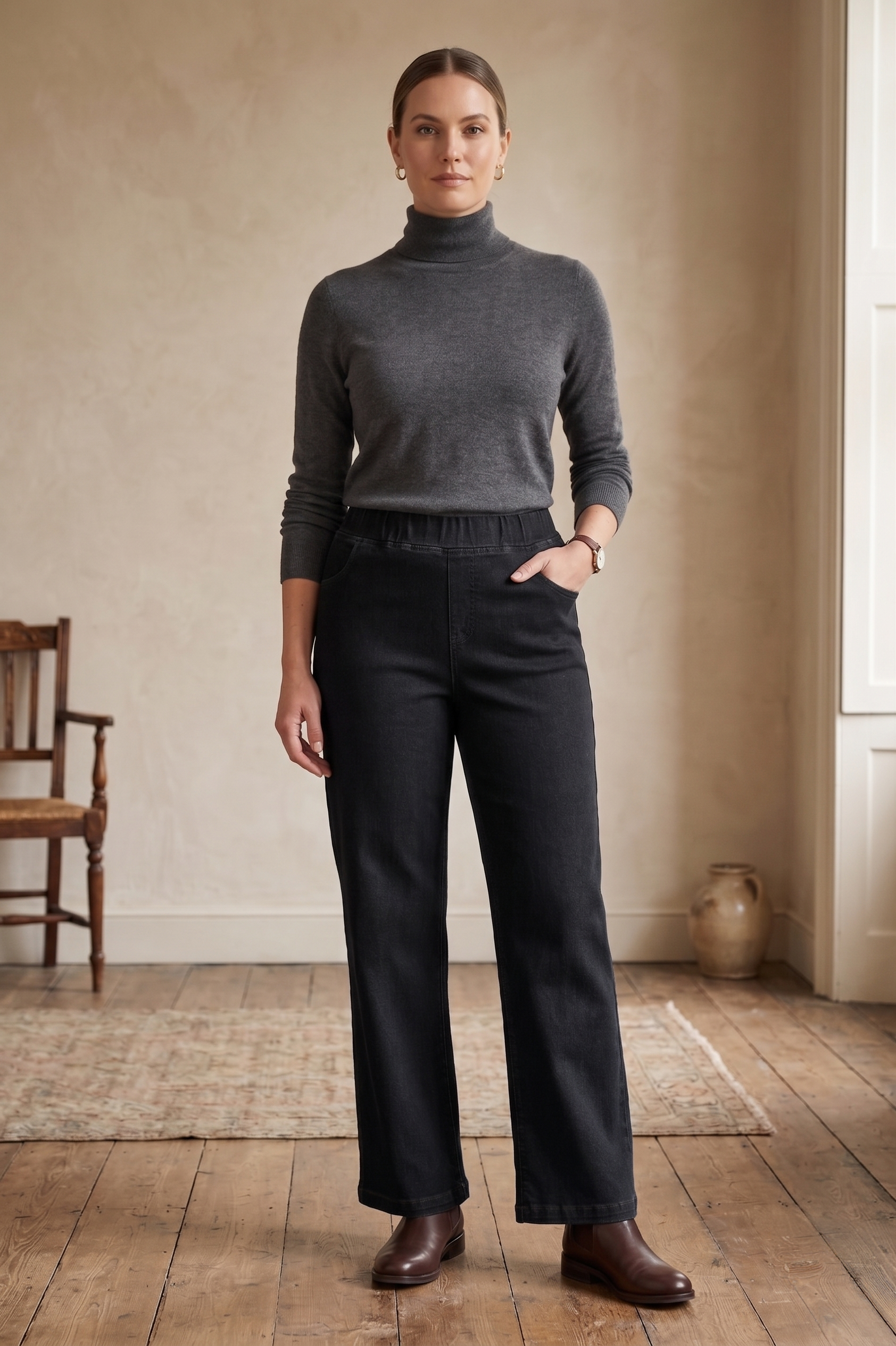 D55 Premium Stretch Denim Pull-On Pants | Minimalist "Little Luxe" Style